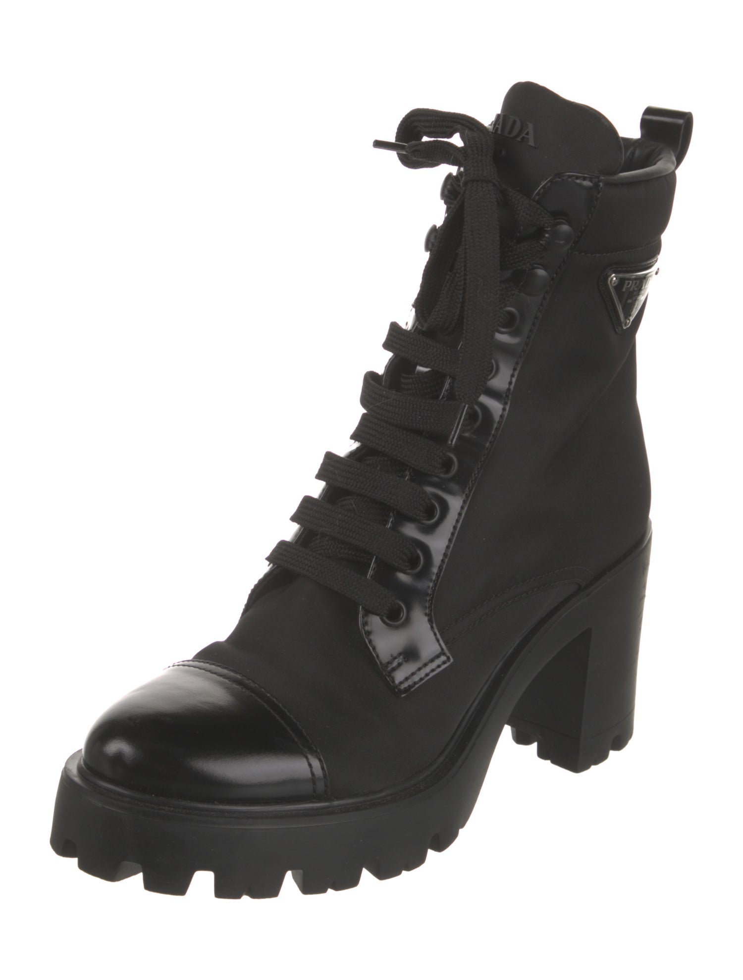 Prada Enameled Metal Triangle Nylon Combat Boots