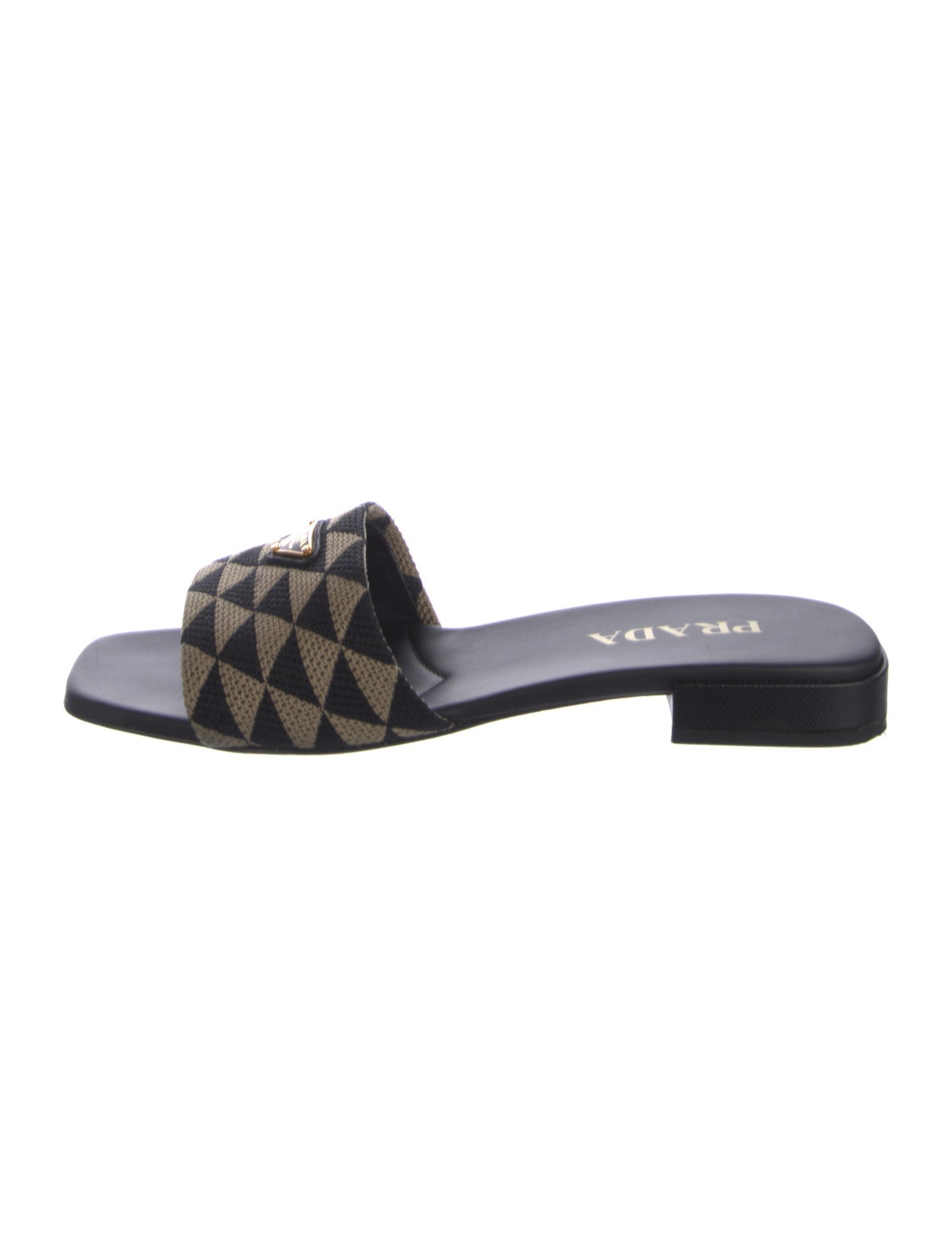 Prada Enameled Metal Triangle Printed Slides