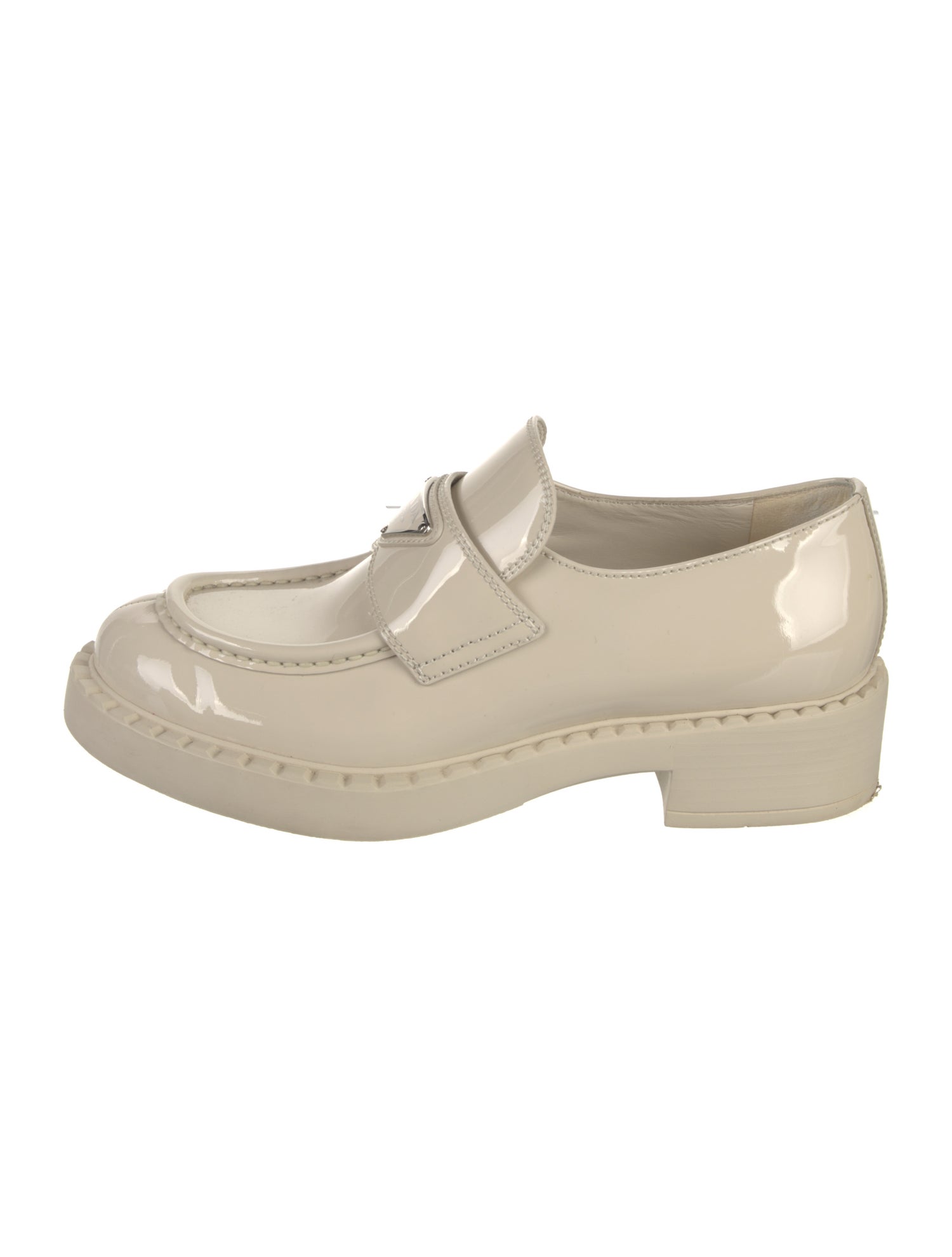 Prada Enameled Metal Triangle Patent Leather Oxfords