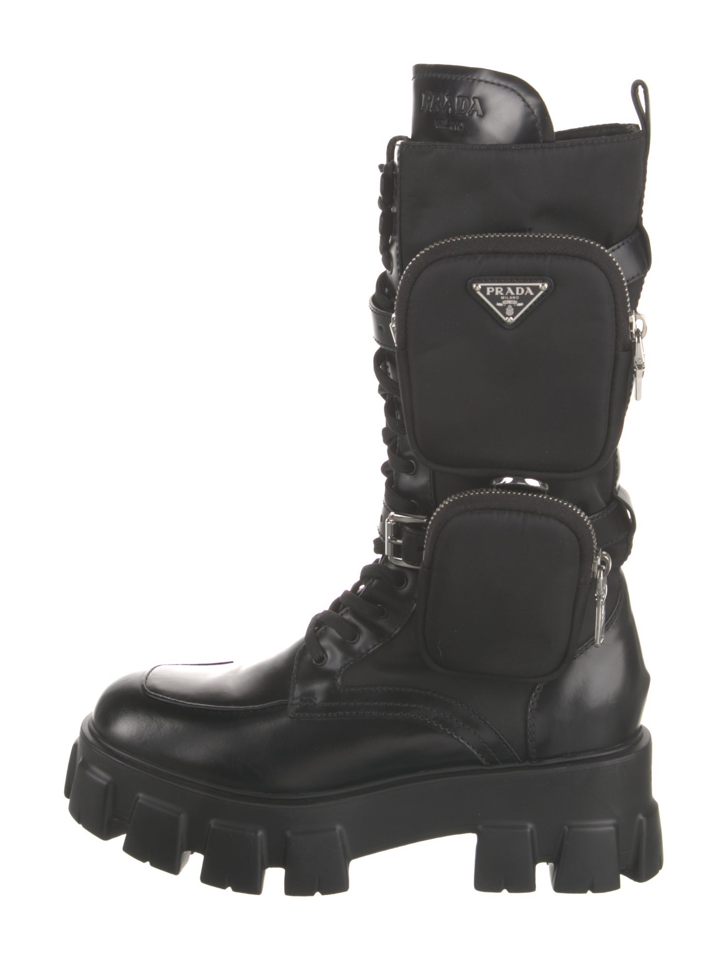 Prada Leather Leather Trim Embellishment Combat Boots