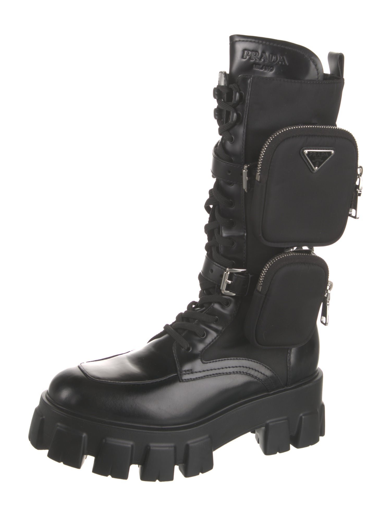 Prada Leather Leather Trim Embellishment Combat Boots