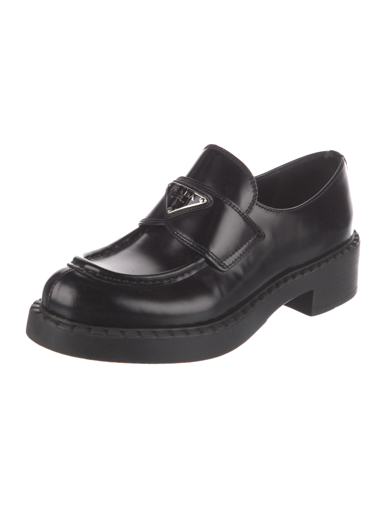 Prada Enameled Metal Triangle Leather Oxfords