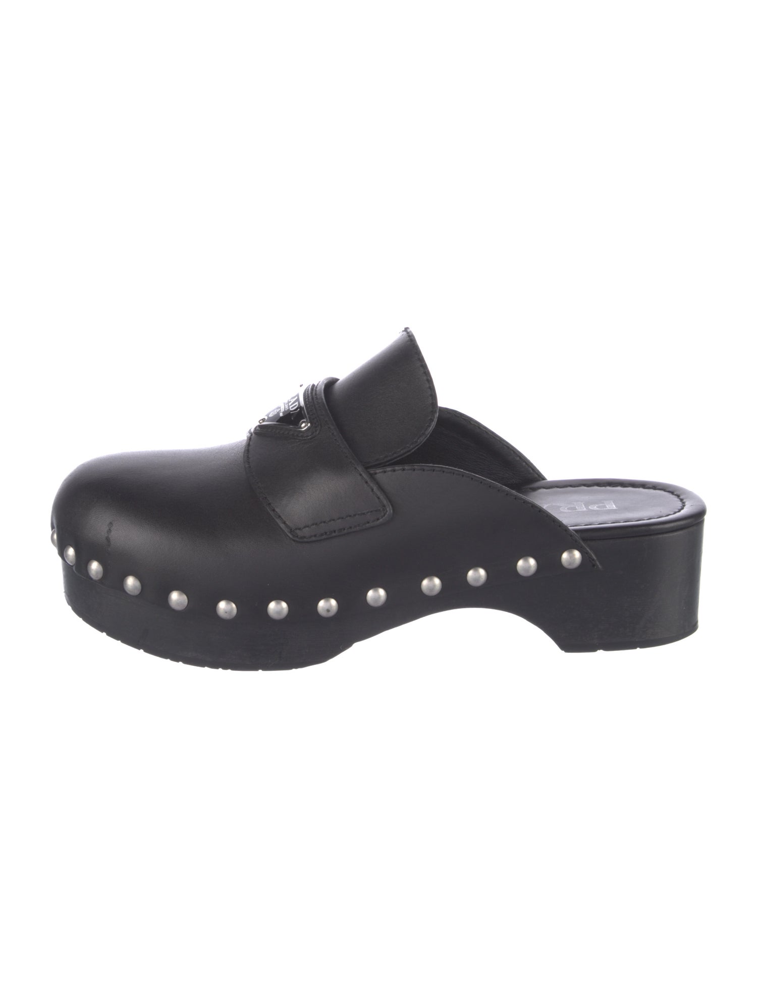 Prada Enameled Metal Triangle Leather Mules