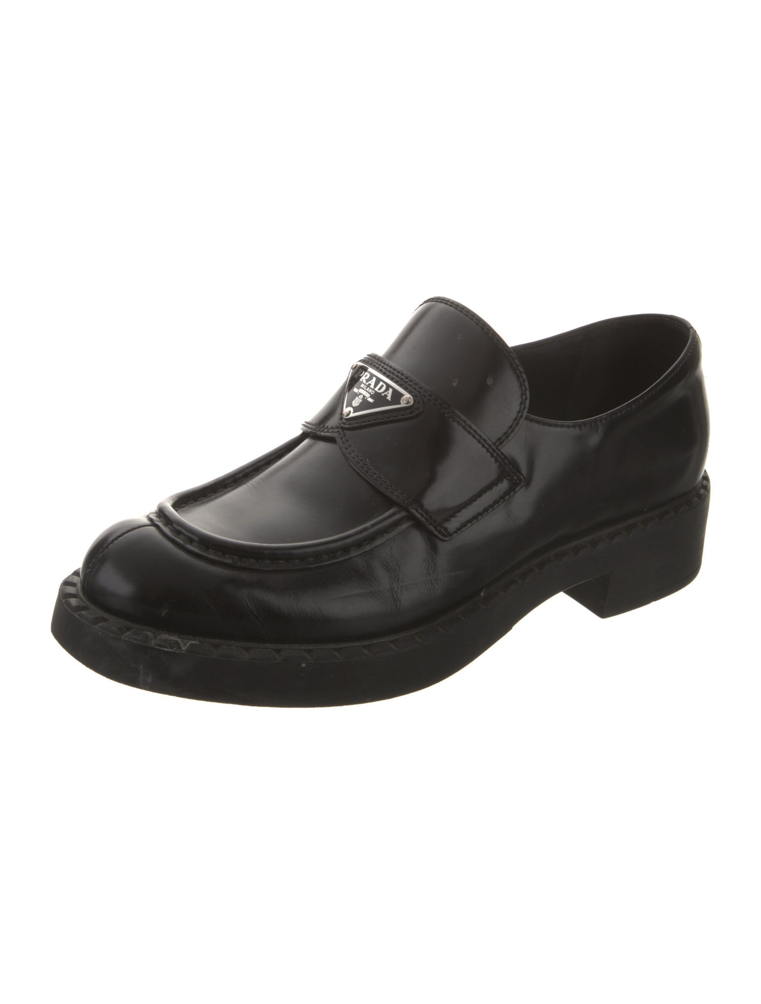 Prada Enameled Metal Triangle Leather Oxfords