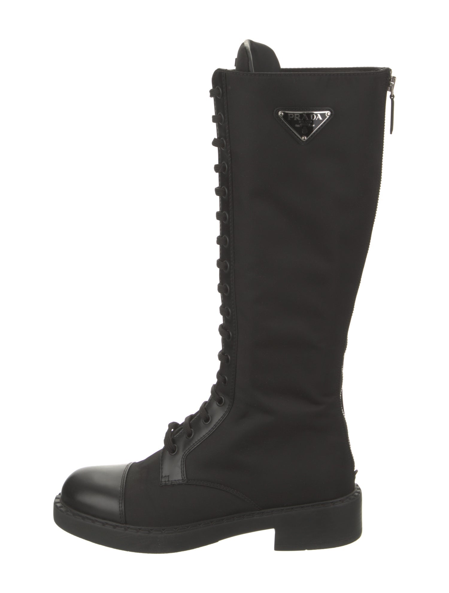 Prada Enameled Metal Triangle Nylon Riding Boots