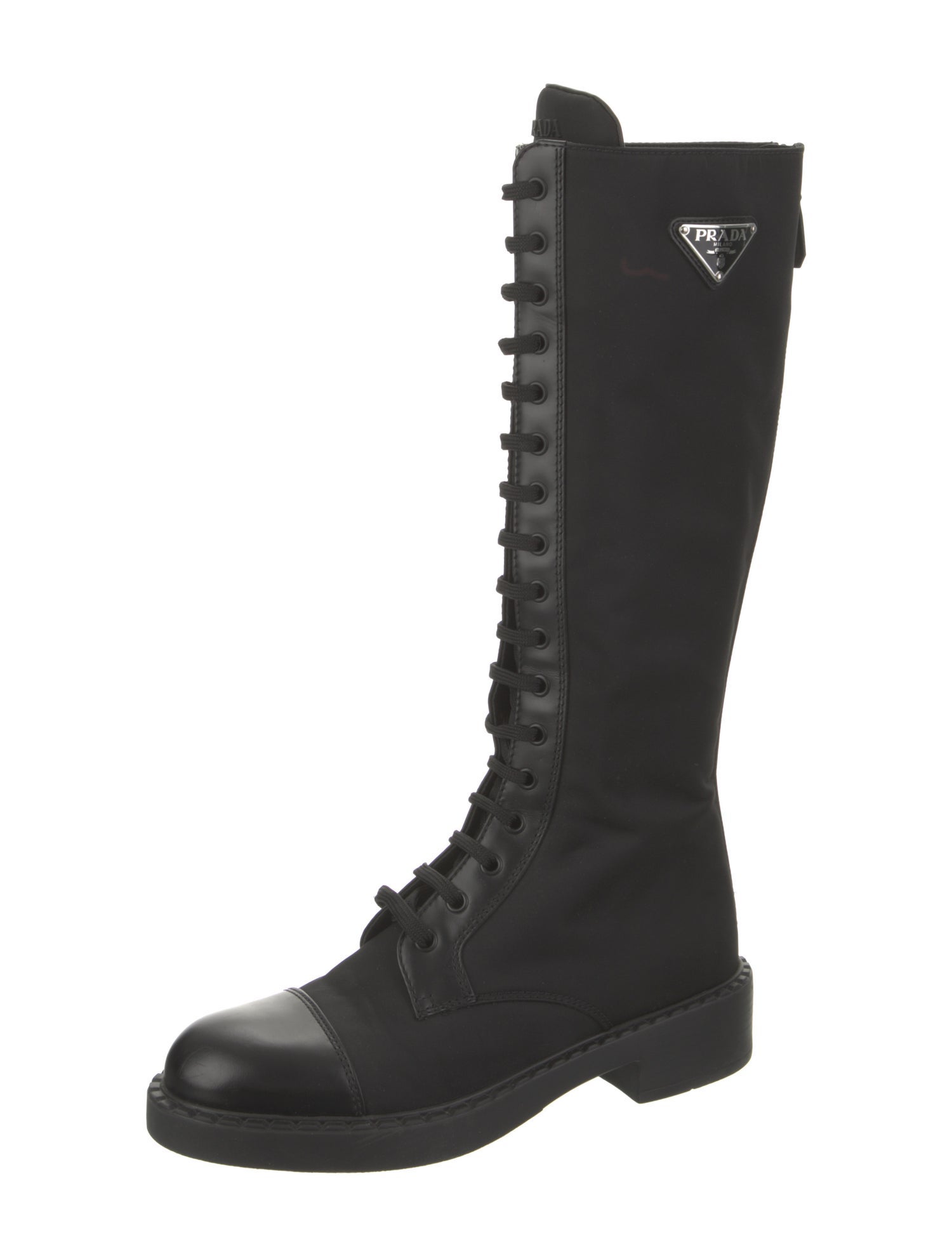 Prada Enameled Metal Triangle Nylon Riding Boots