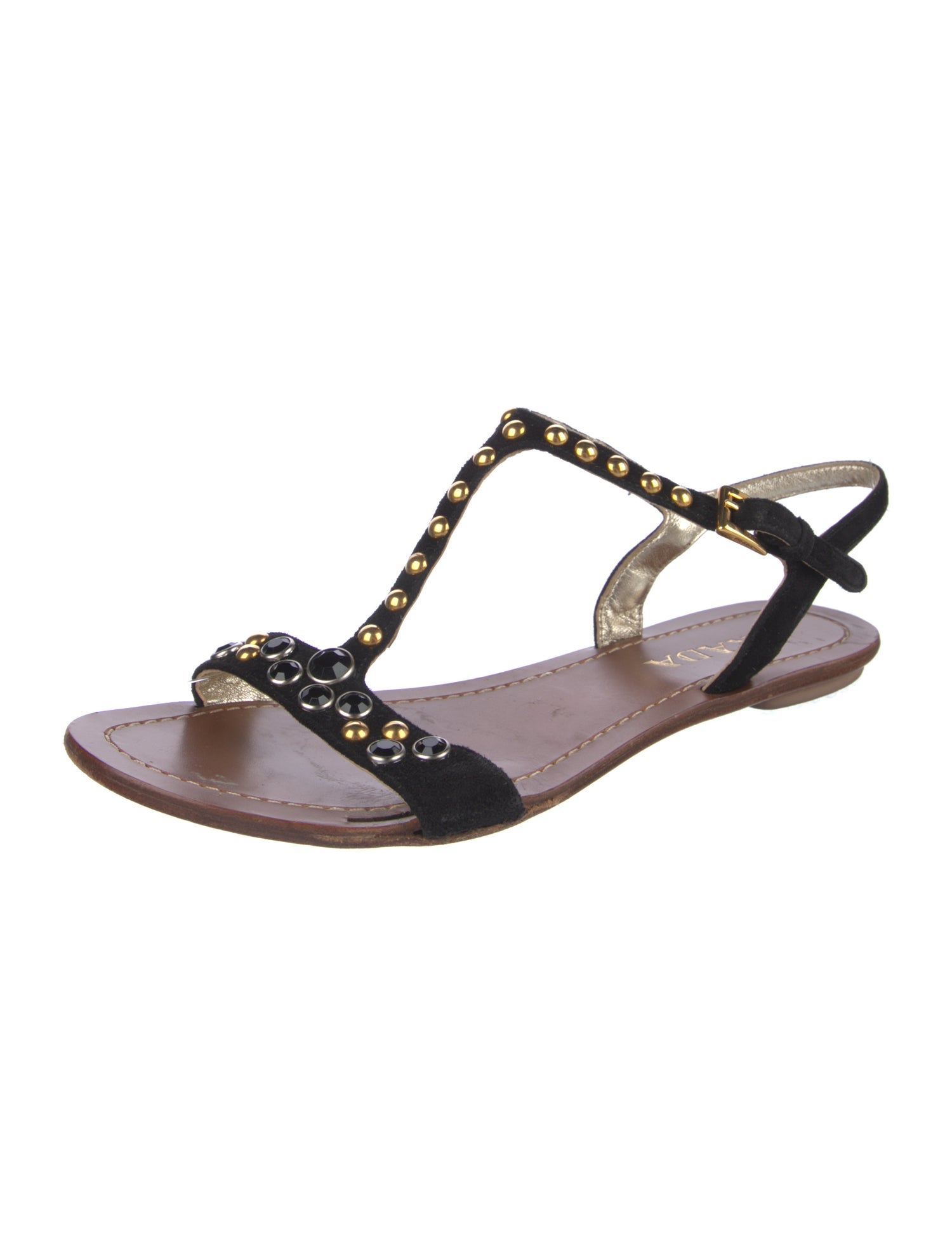 Prada Suede Colorblock Pattern T-Strap Sandals