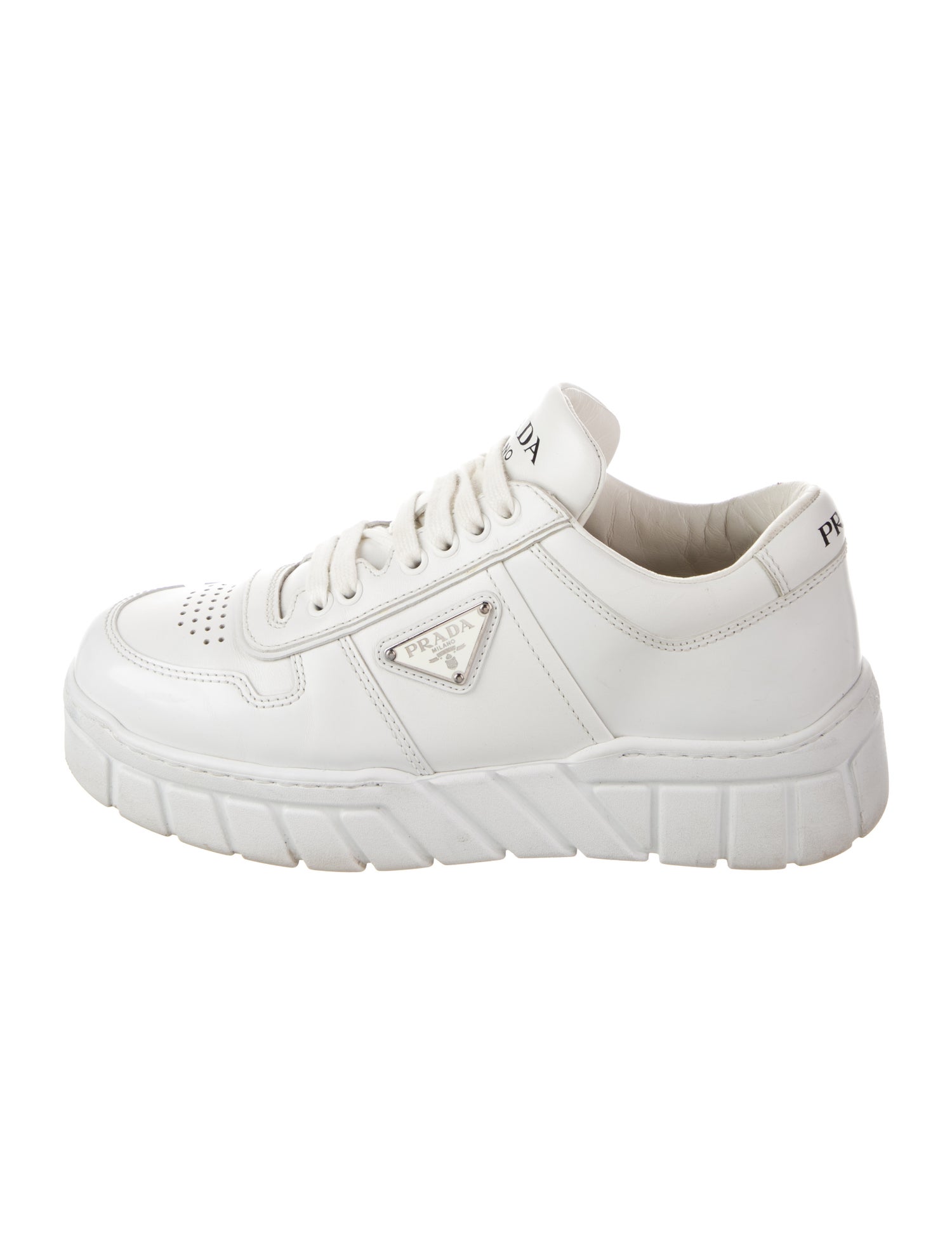 Prada Enameled Metal Triangle Leather Sneakers
