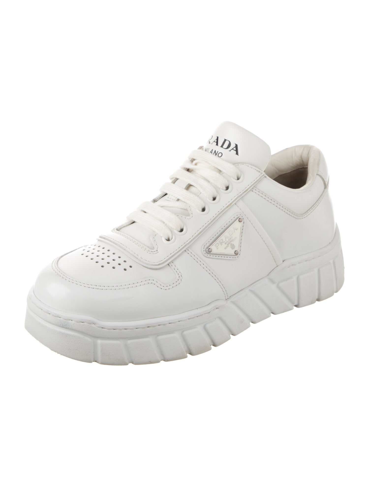 Prada Enameled Metal Triangle Leather Sneakers