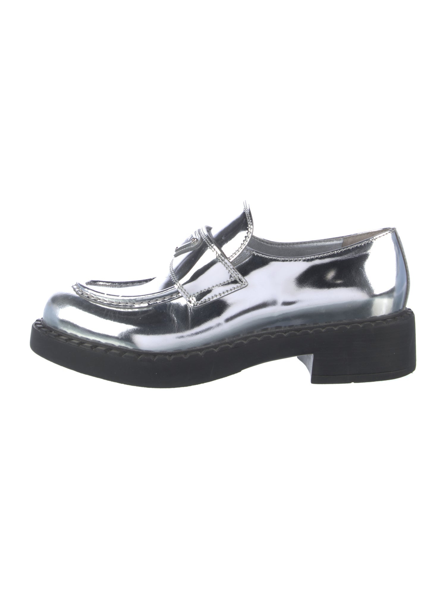Prada Enameled Metal Triangle Patent Leather Oxfords
