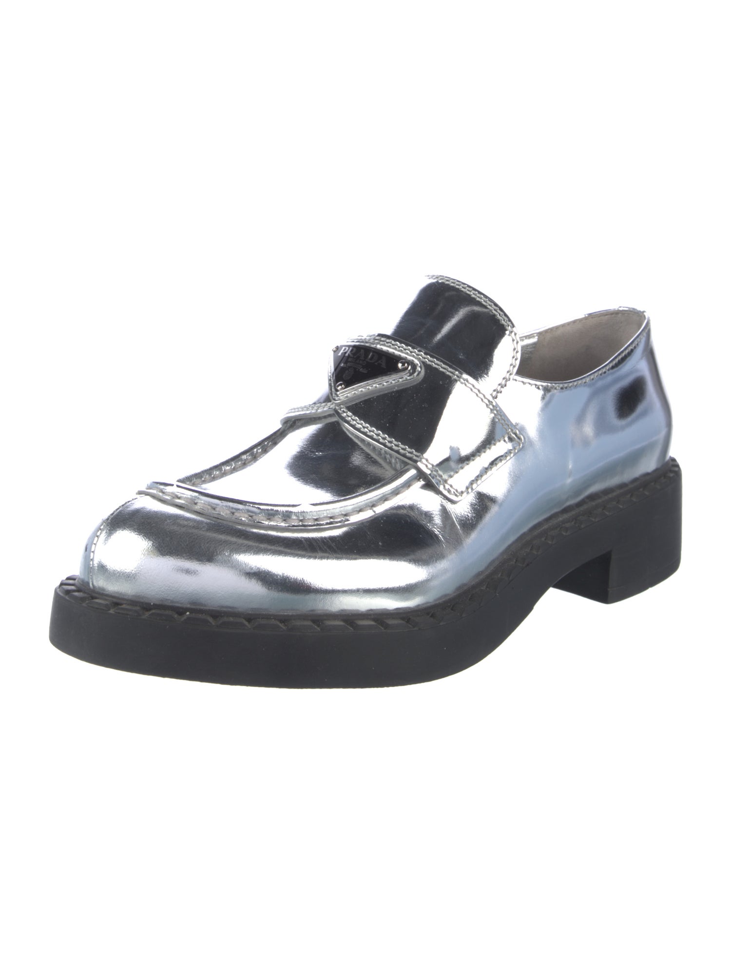 Prada Enameled Metal Triangle Patent Leather Oxfords