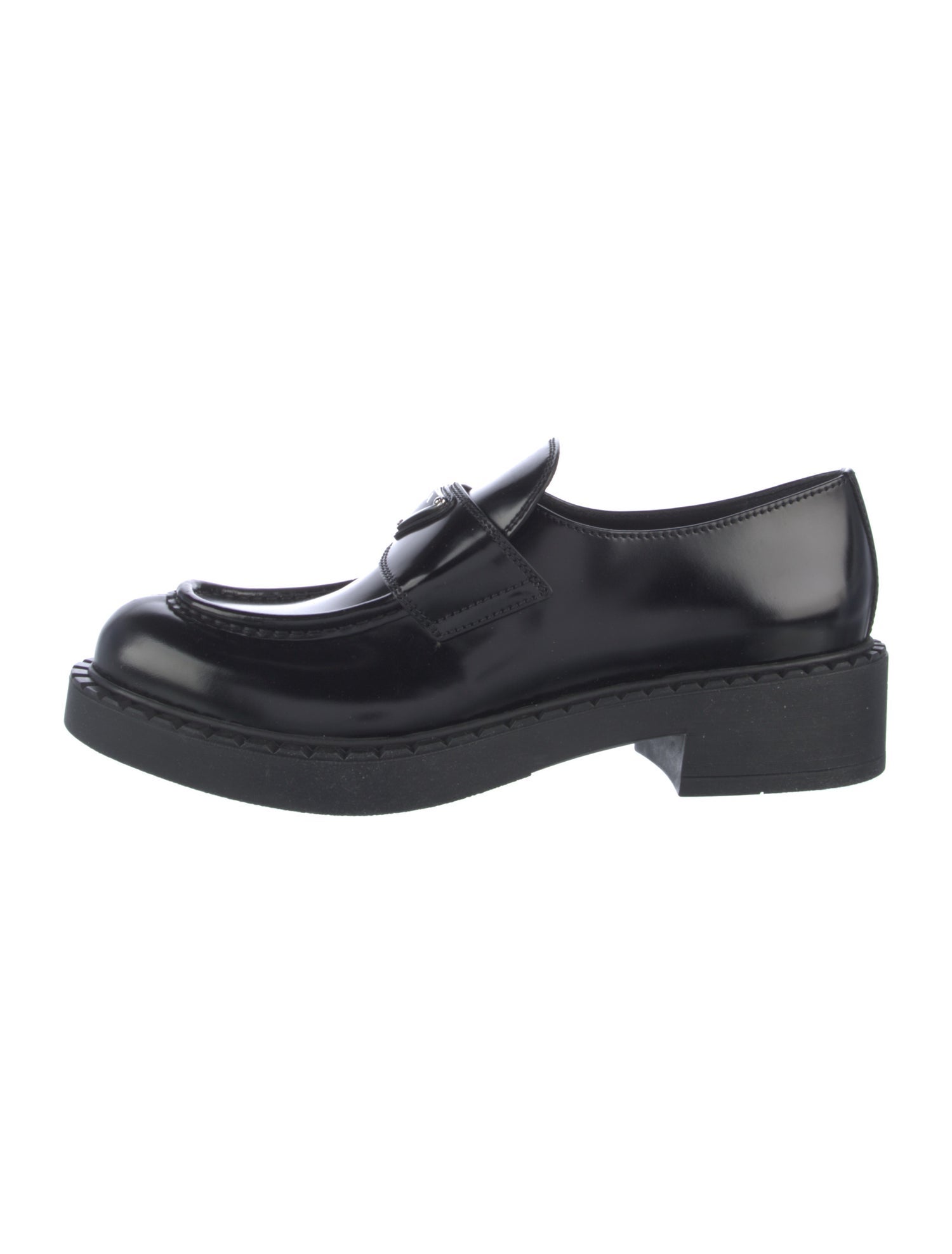 Prada Enameled Metal Triangle Leather Oxfords