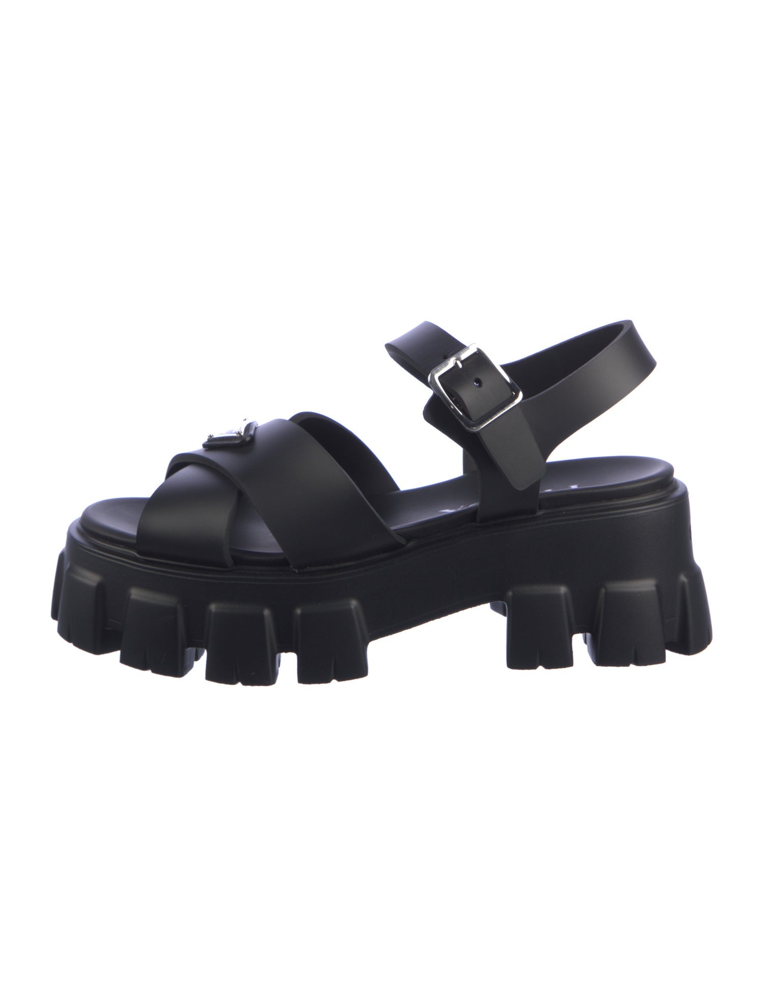 Prada Enameled Metal Triangle Rubber Slingback Sandals