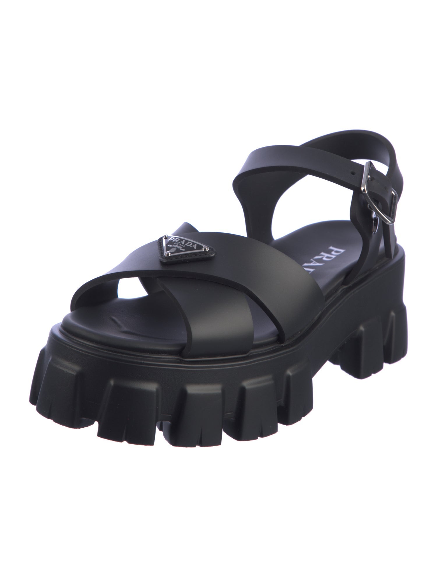 Prada Enameled Metal Triangle Rubber Slingback Sandals