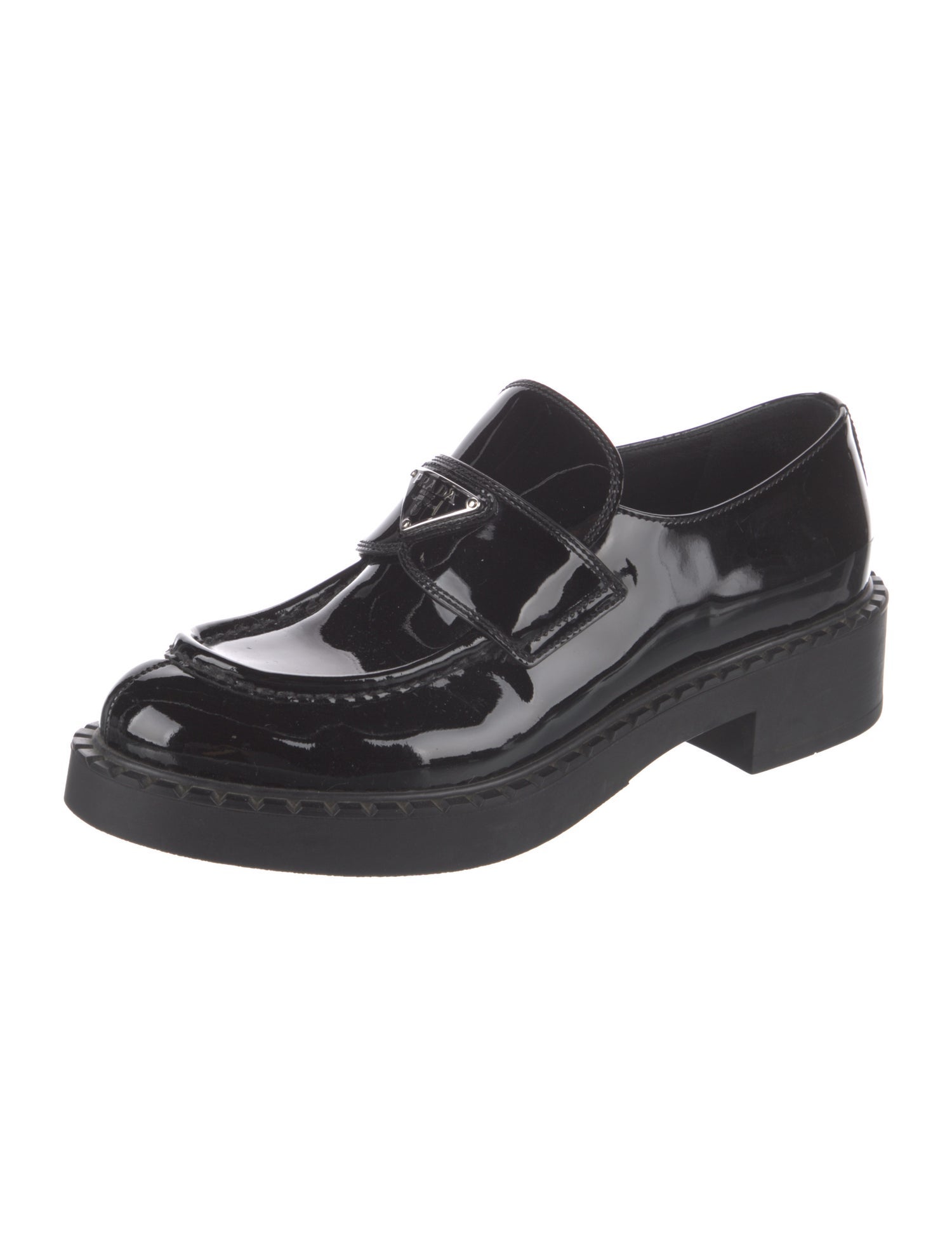 Prada Enameled Metal Triangle Patent Leather Dress Loafers