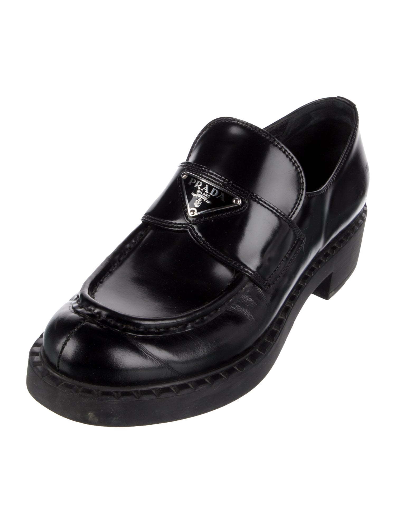Prada Enameled Metal Triangle Leather Loafers
