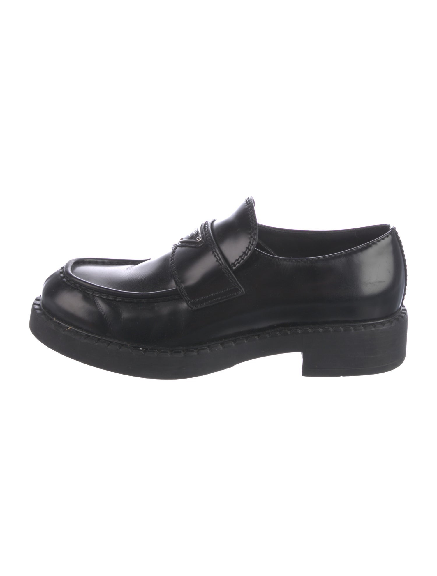 Prada Enameled Metal Triangle Patent Leather Dress Loafers