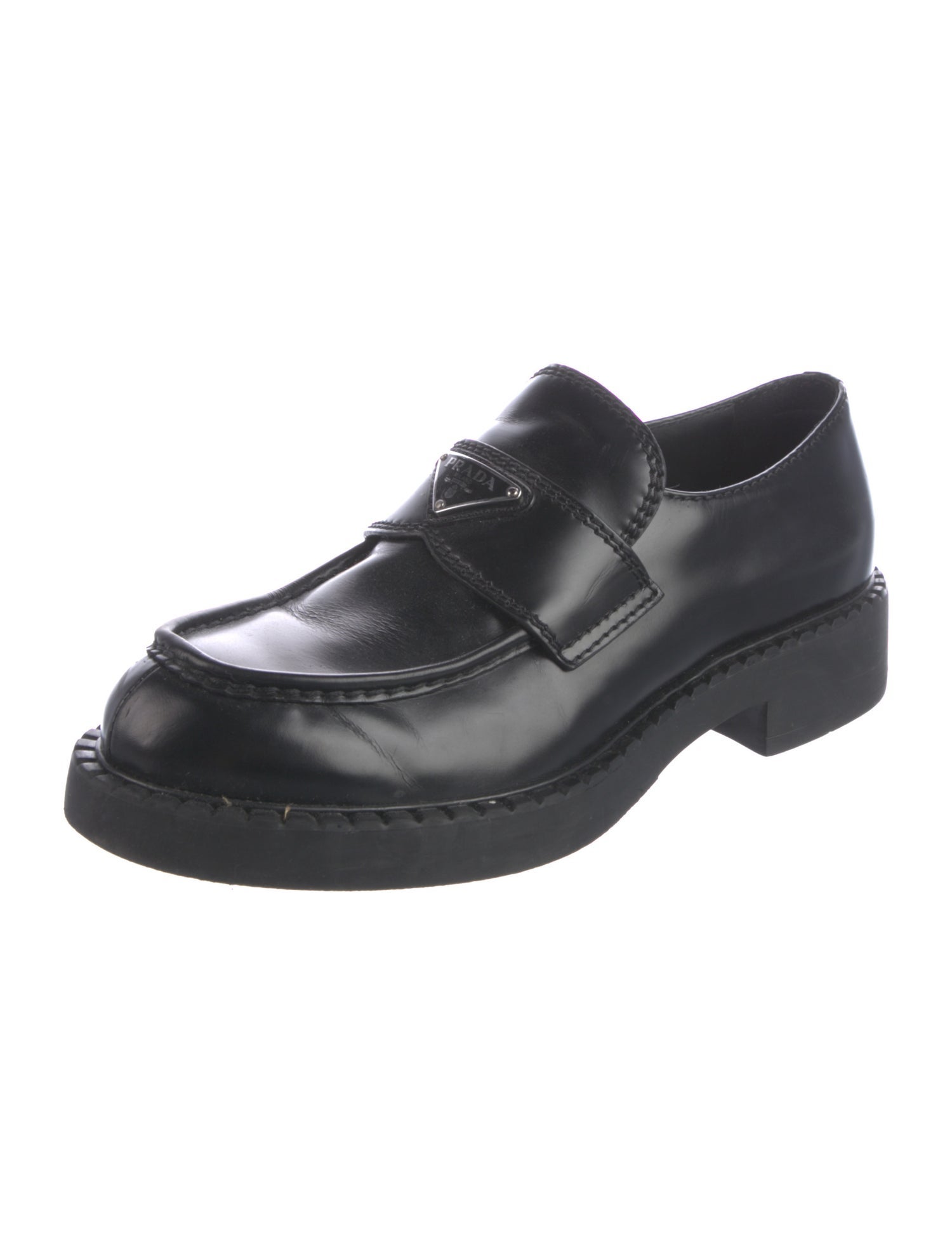 Prada Enameled Metal Triangle Patent Leather Dress Loafers