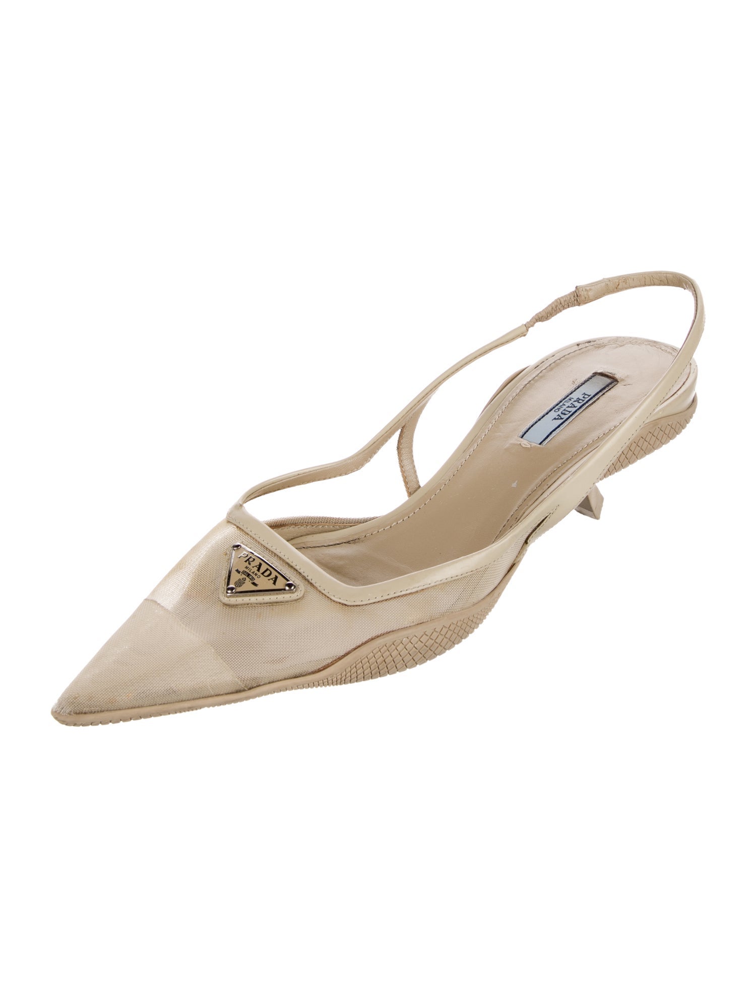 Prada Enameled Metal Triangle Mesh Slingback Pumps