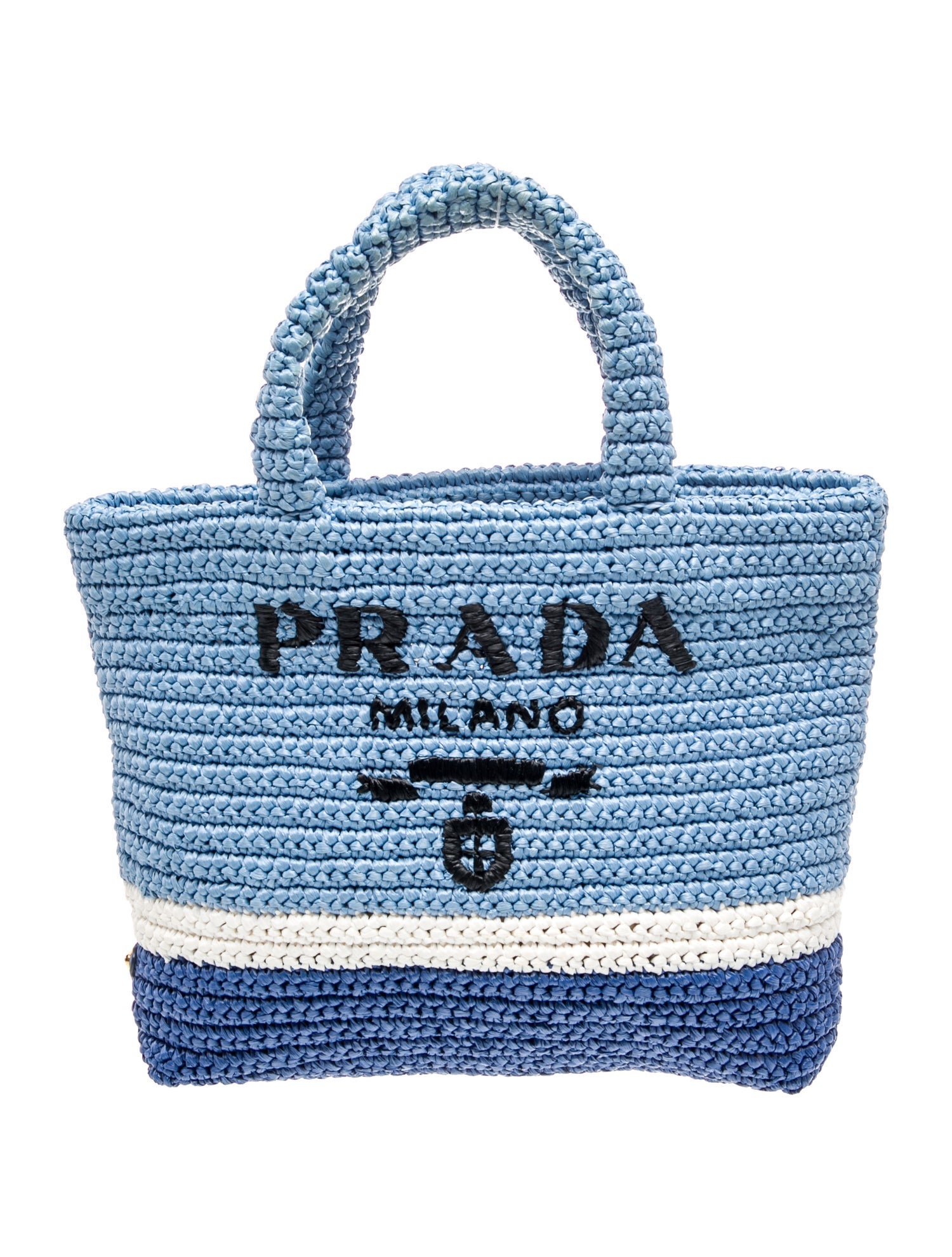 Prada Enameled Metal Triangle Raffia Tote Small