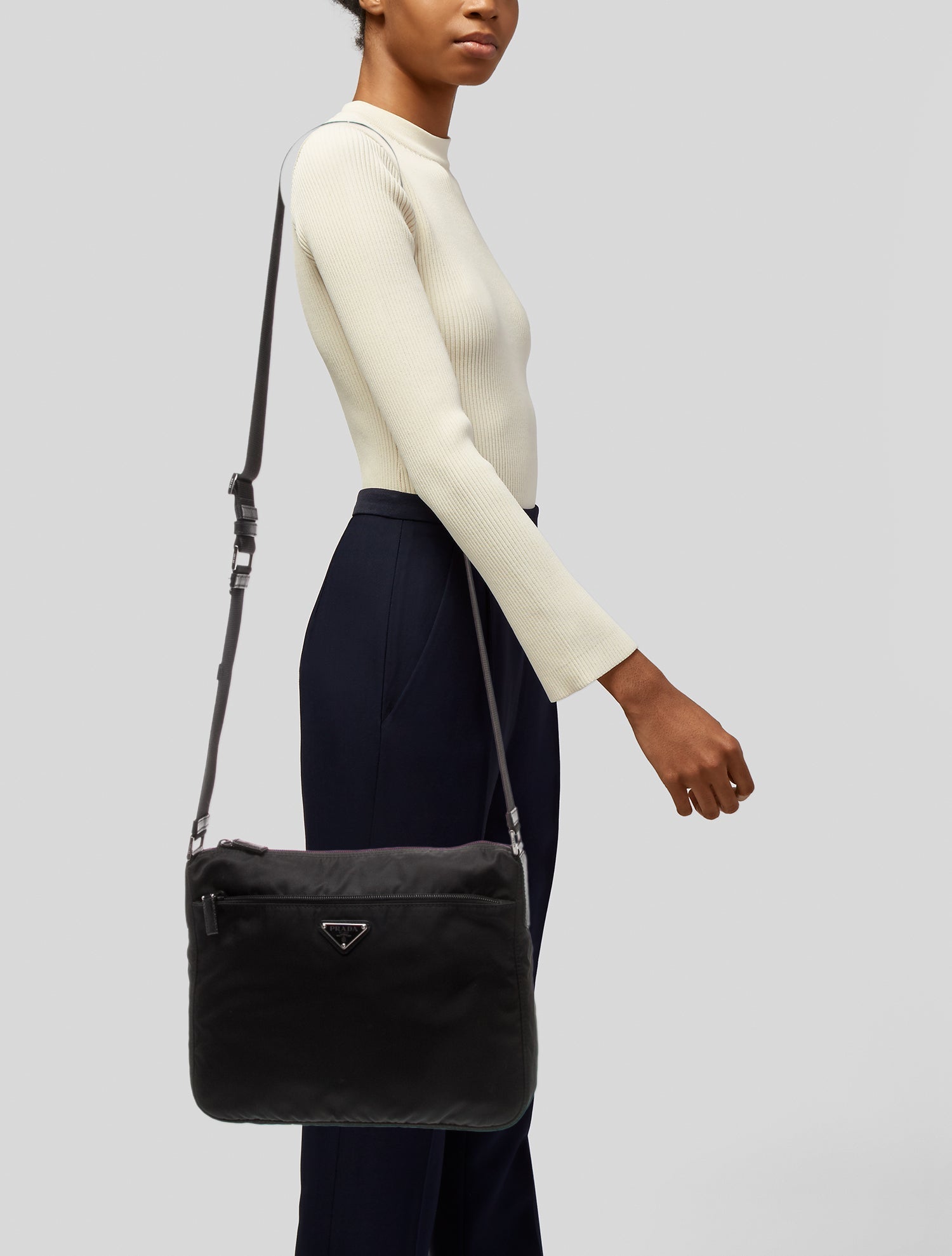 Prada Enameled Metal Triangle Tessuto Messenger Bag