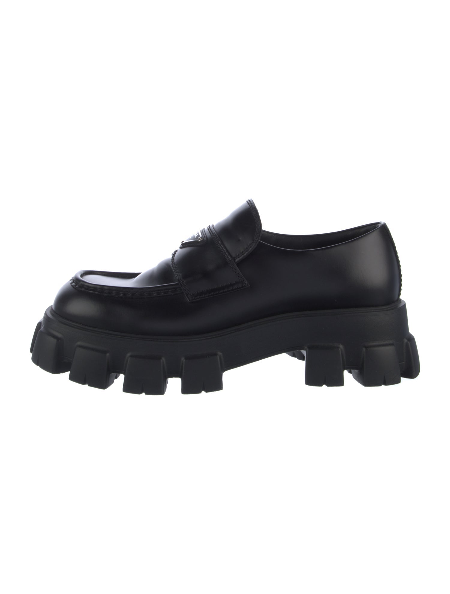 Prada Enameled Metal Triangle Leather Loafers