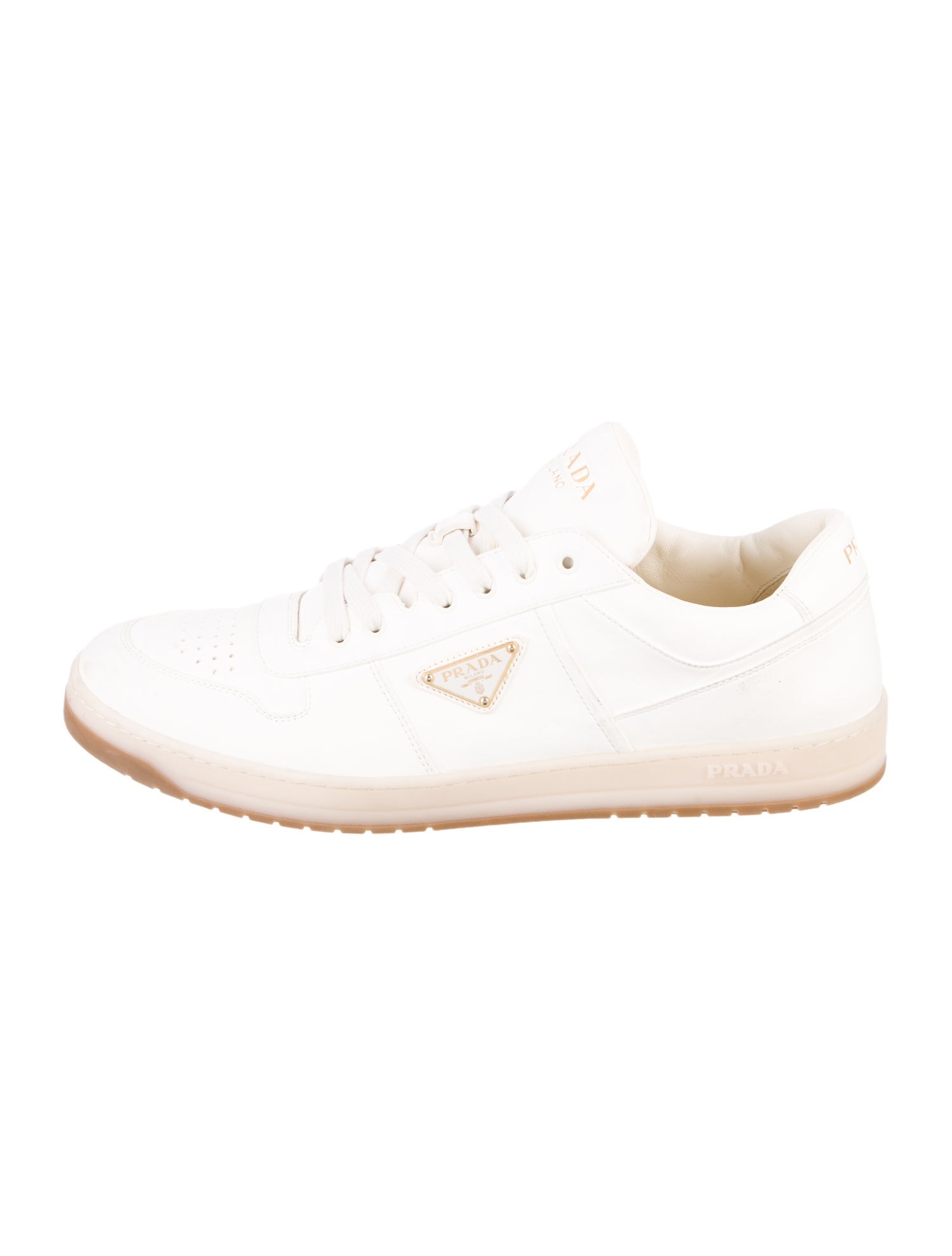 Prada Enameled Metal Triangle Leather Sneakers