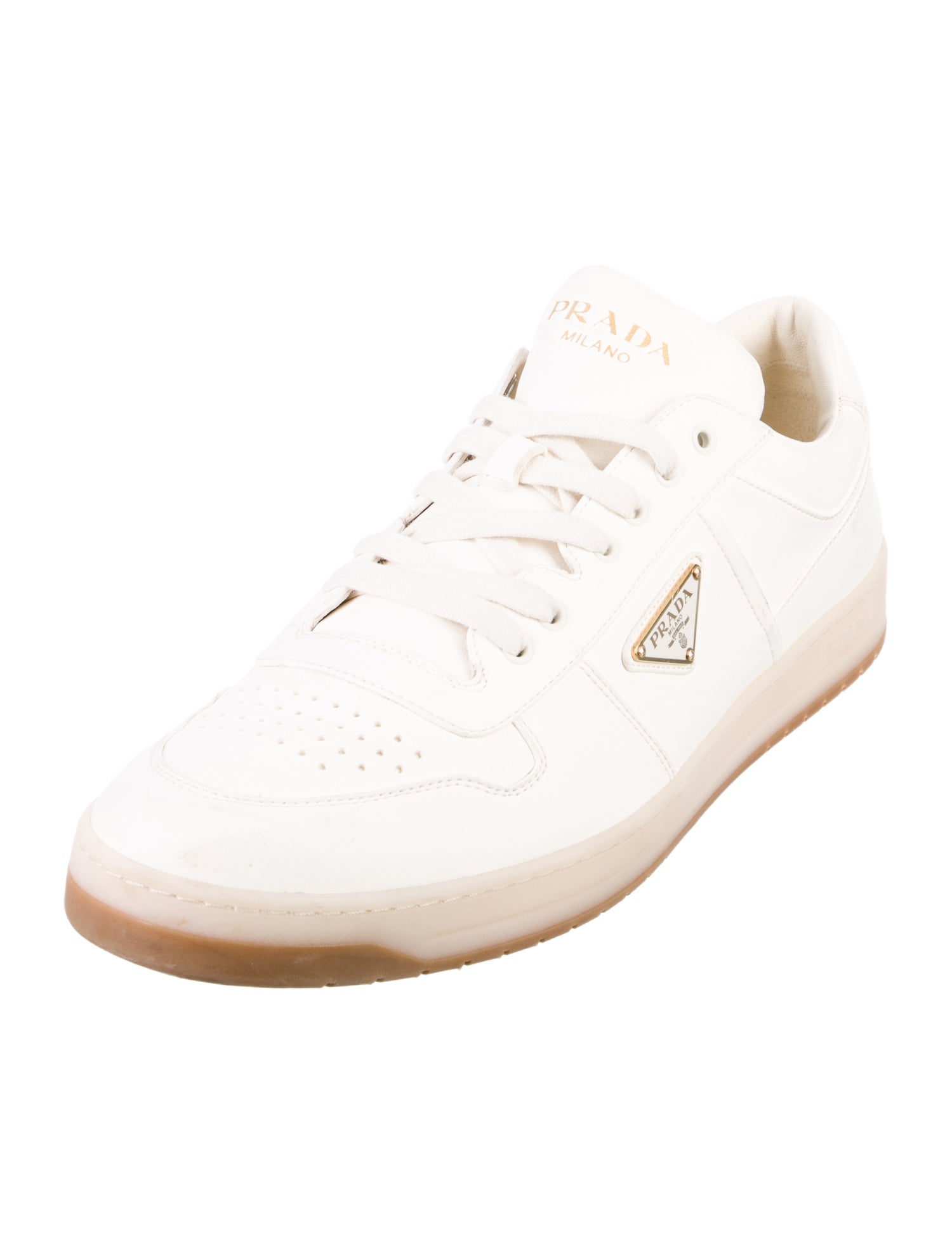 Prada Enameled Metal Triangle Leather Sneakers