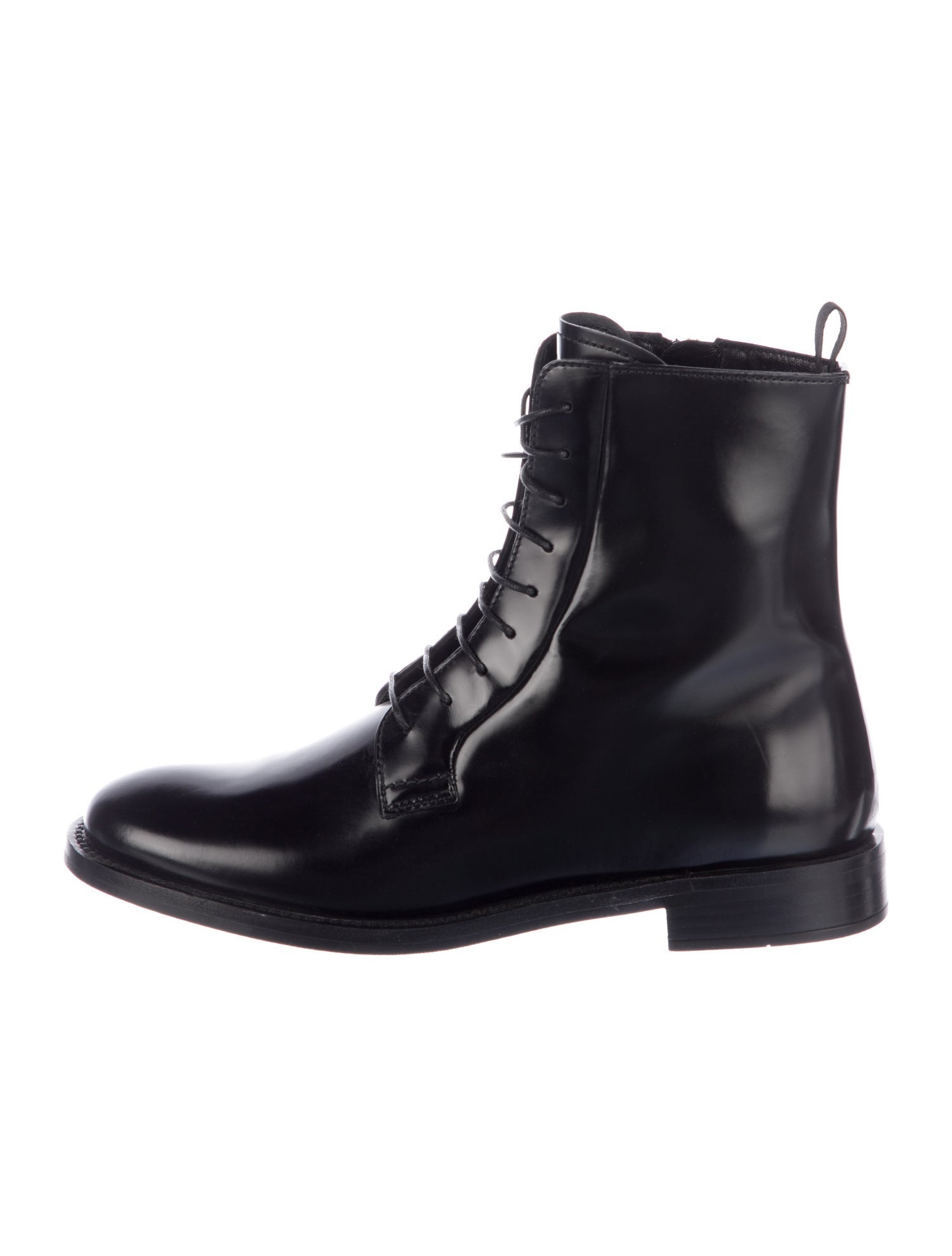 Prada Enameled Metal Triangle Leather Combat Boots