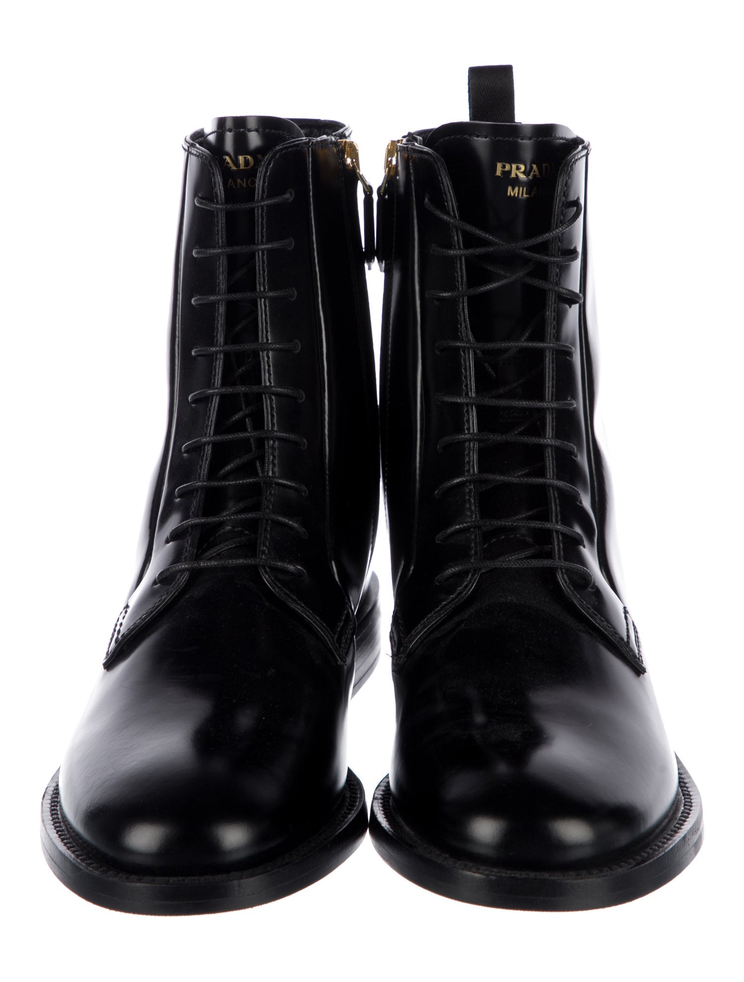 Prada Enameled Metal Triangle Leather Combat Boots