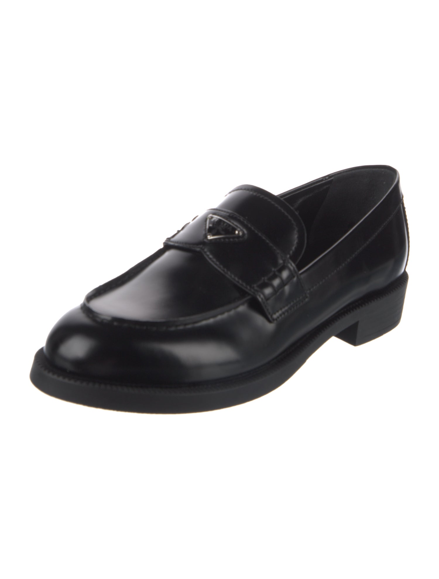 Prada Enameled Metal Triangle Leather Loafers