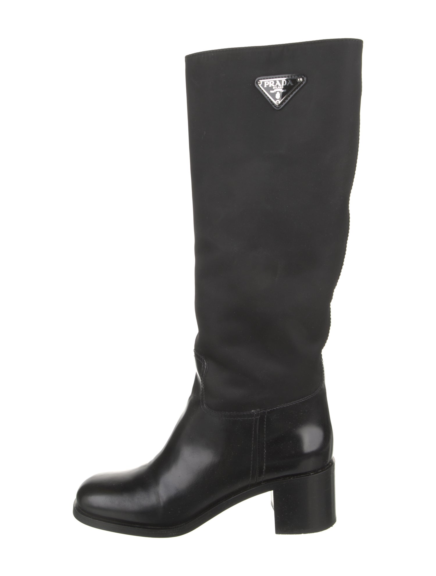 Prada Enameled Metal Triangle Nylon Riding Boots