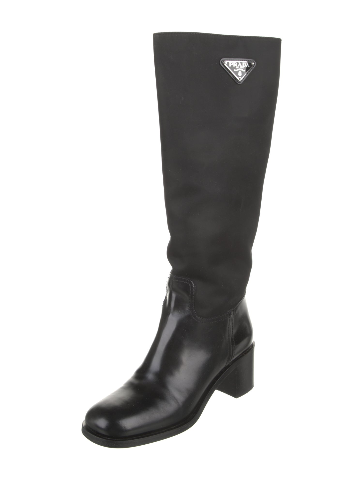 Prada Enameled Metal Triangle Nylon Riding Boots