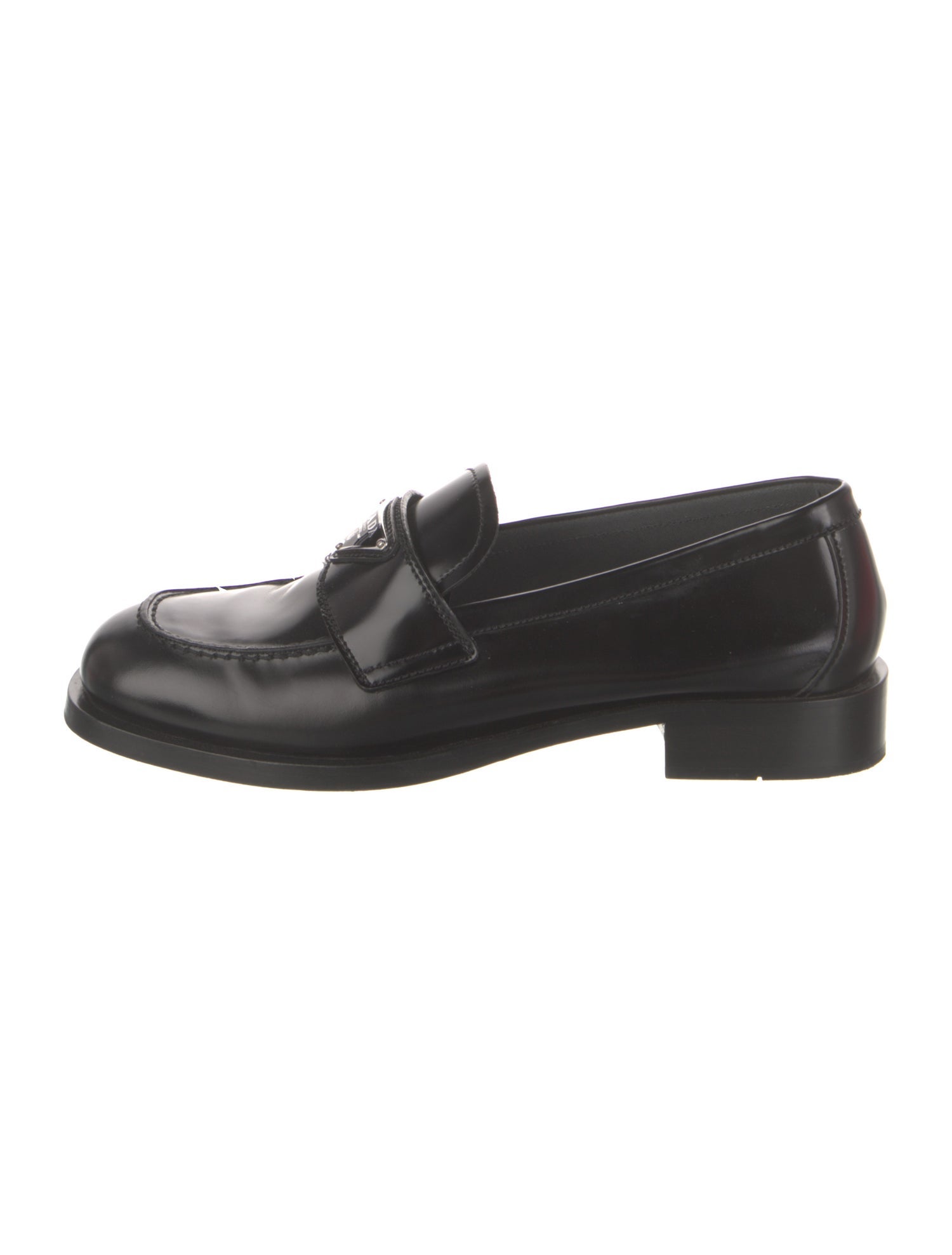 Prada Enameled Metal Triangle Leather Loafers