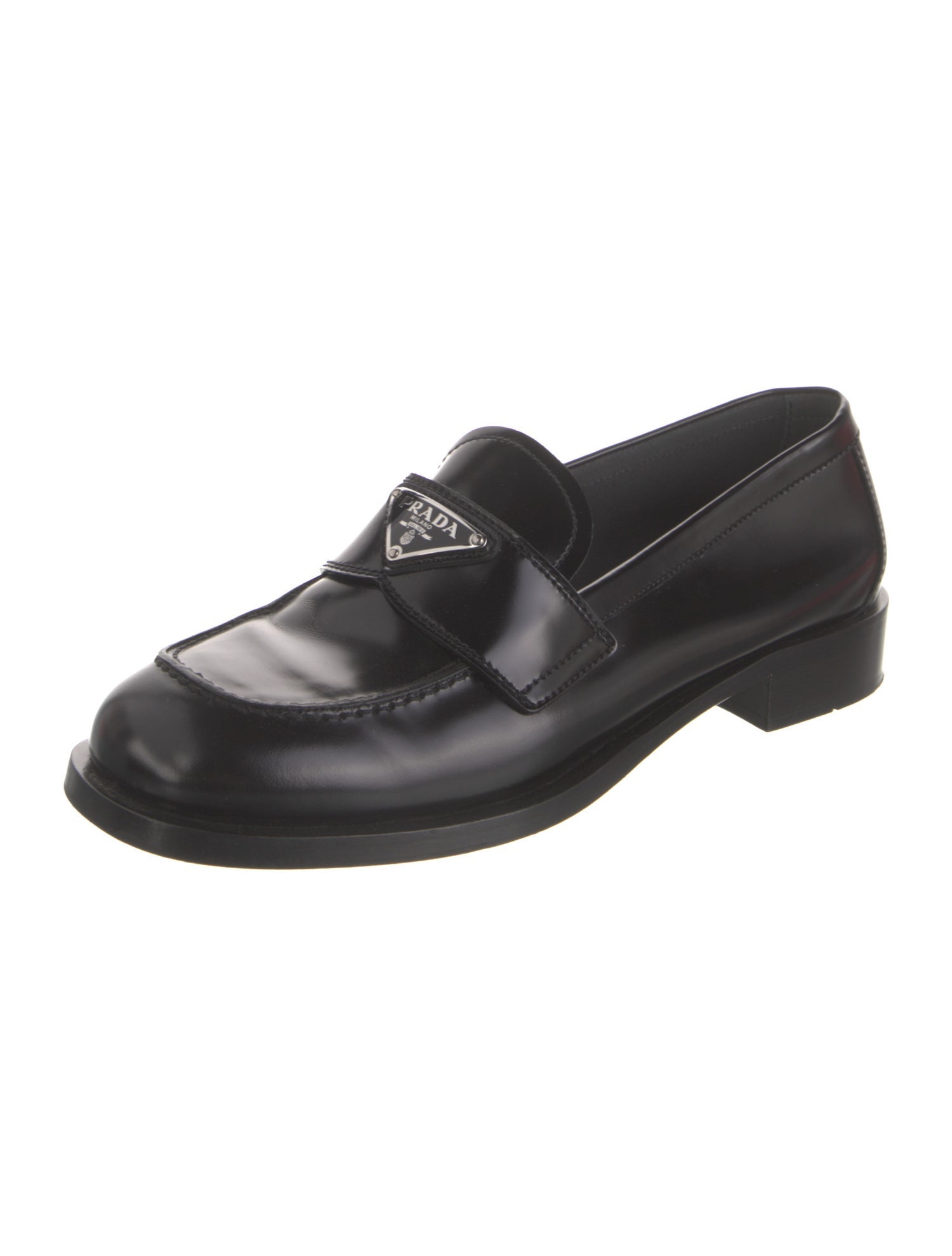Prada Enameled Metal Triangle Leather Loafers
