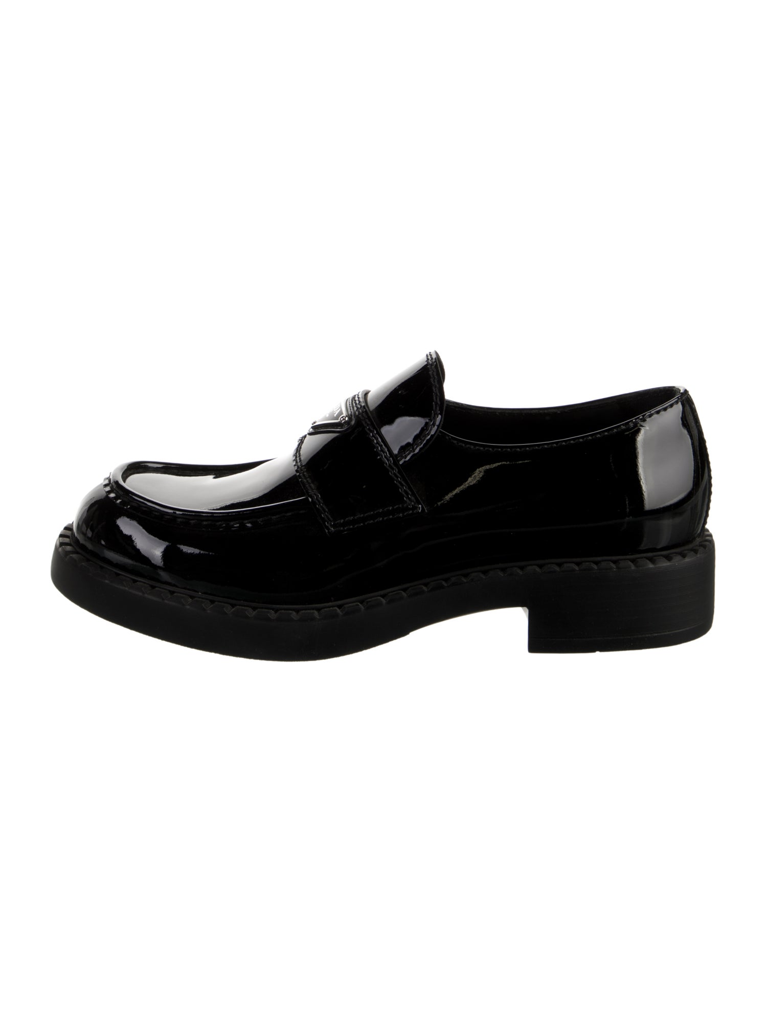 Prada Enameled Metal Triangle Patent Leather Dress Loafers