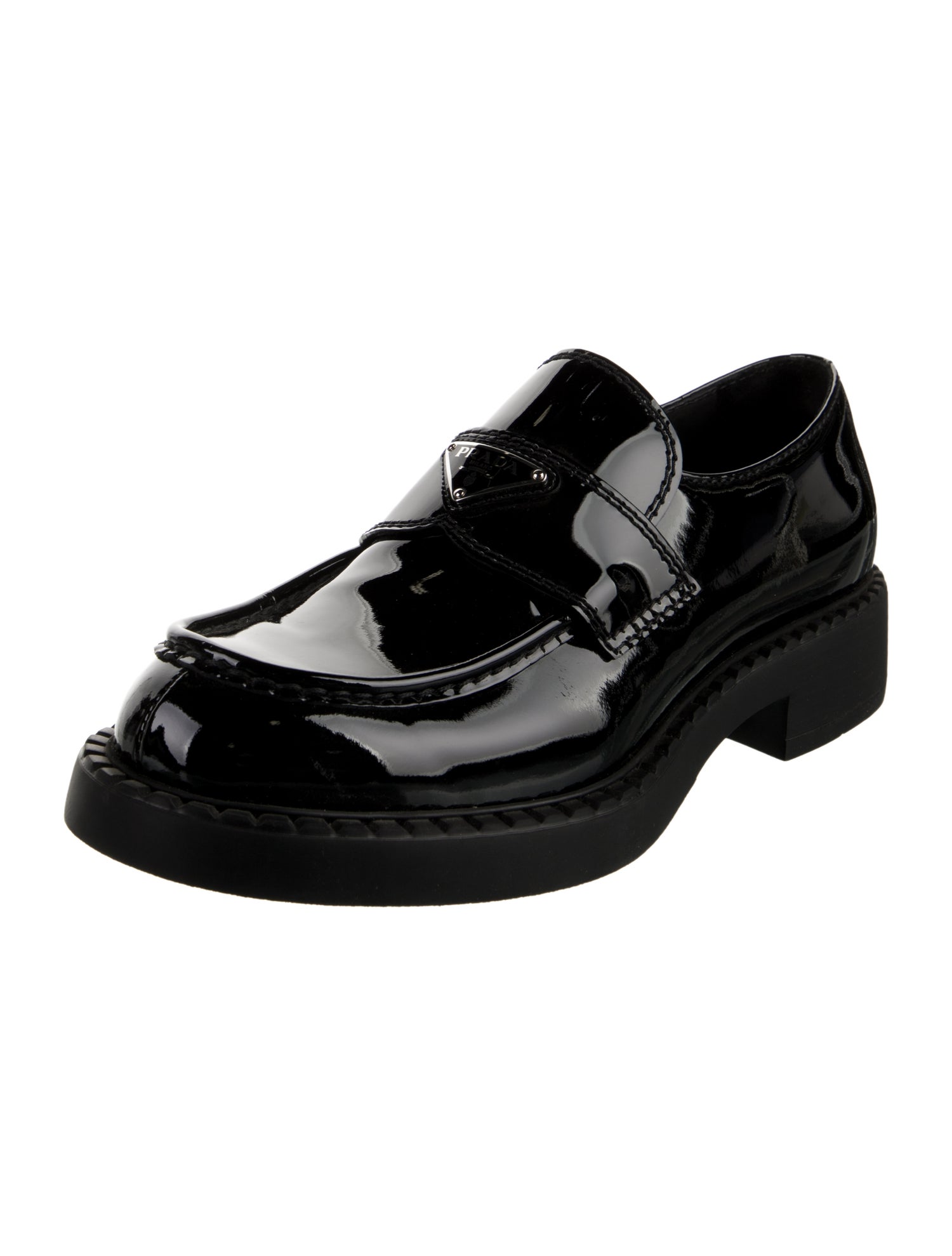 Prada Enameled Metal Triangle Patent Leather Dress Loafers