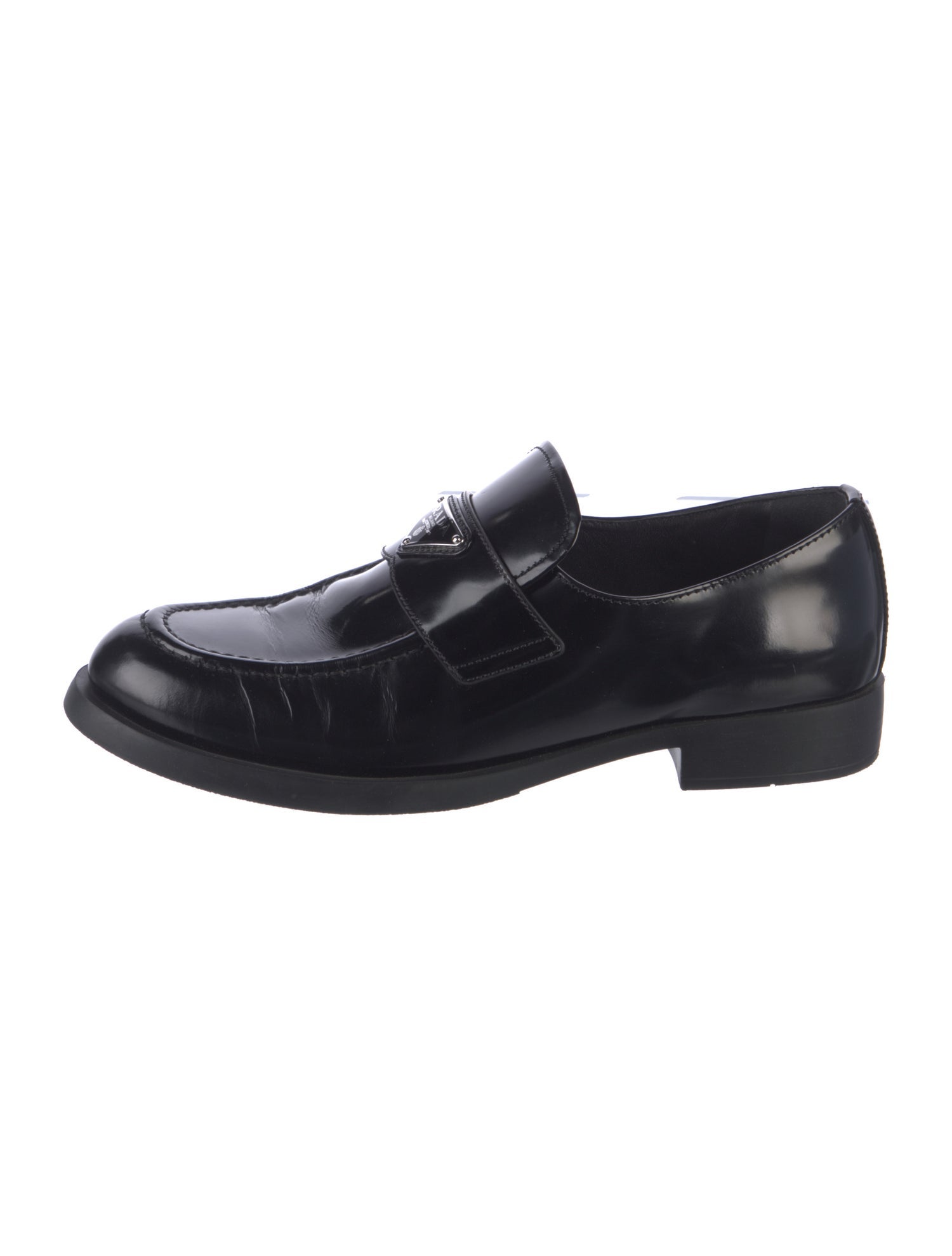 Prada Enameled Metal Triangle Patent Leather Dress Loafers