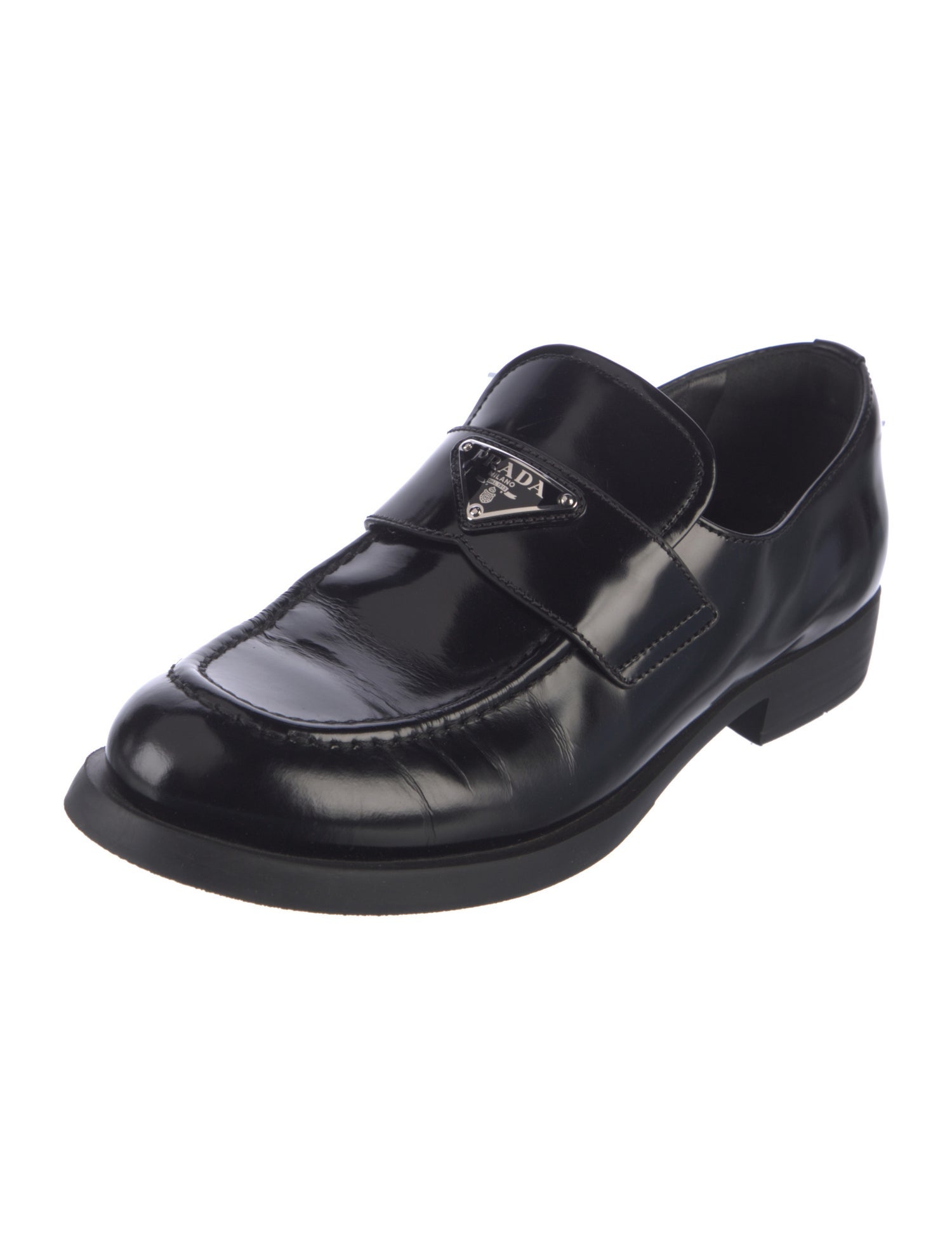 Prada Enameled Metal Triangle Patent Leather Dress Loafers
