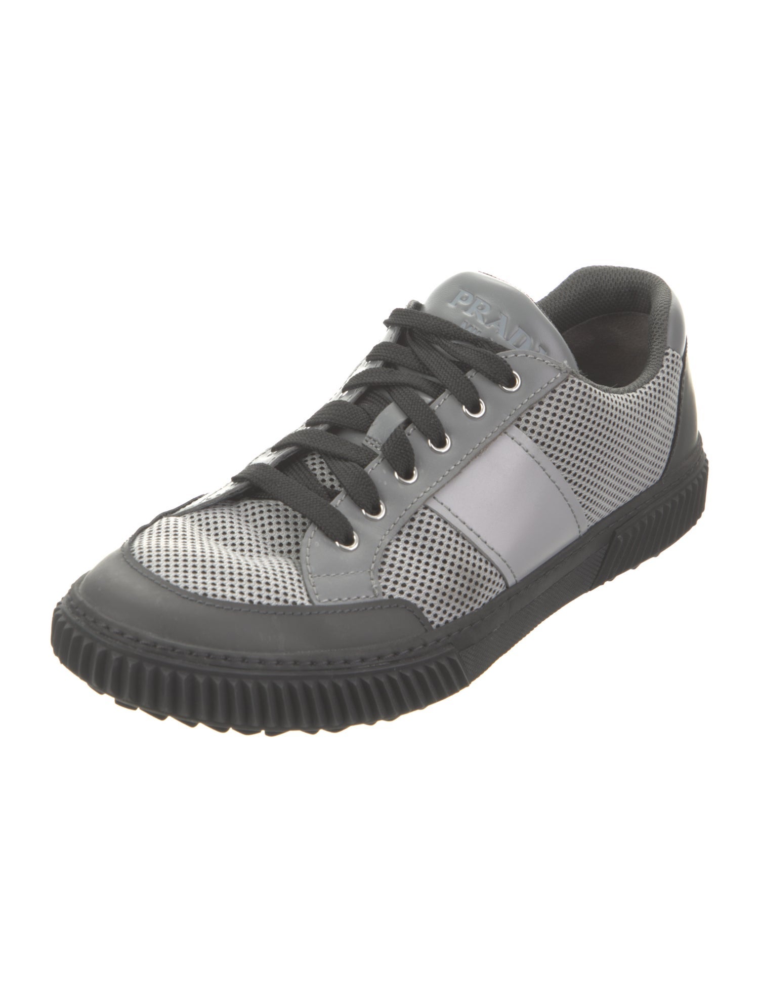 Prada Enameled Metal Triangle Mesh Sneakers