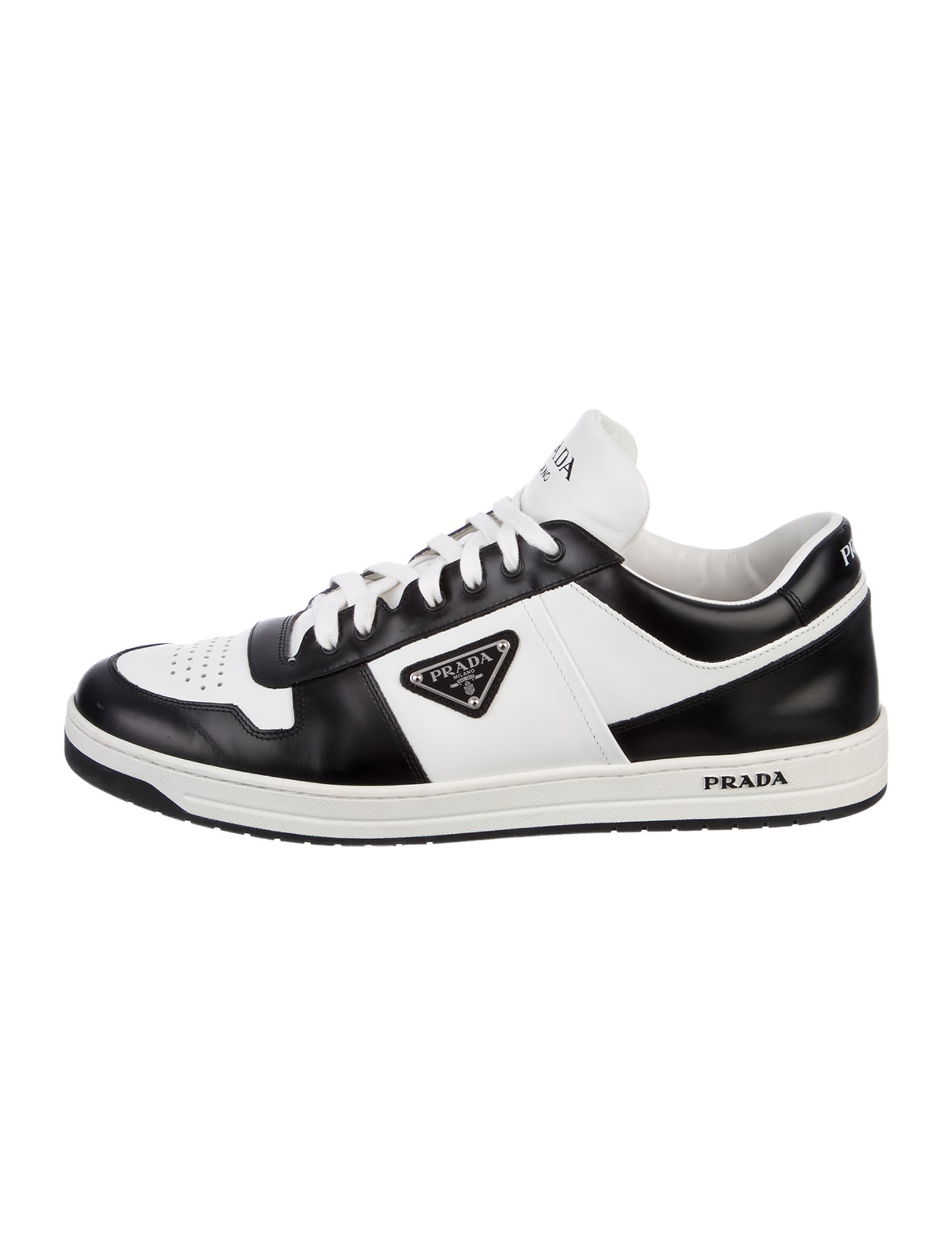 Prada Enameled Metal Triangle Leather Sneakers