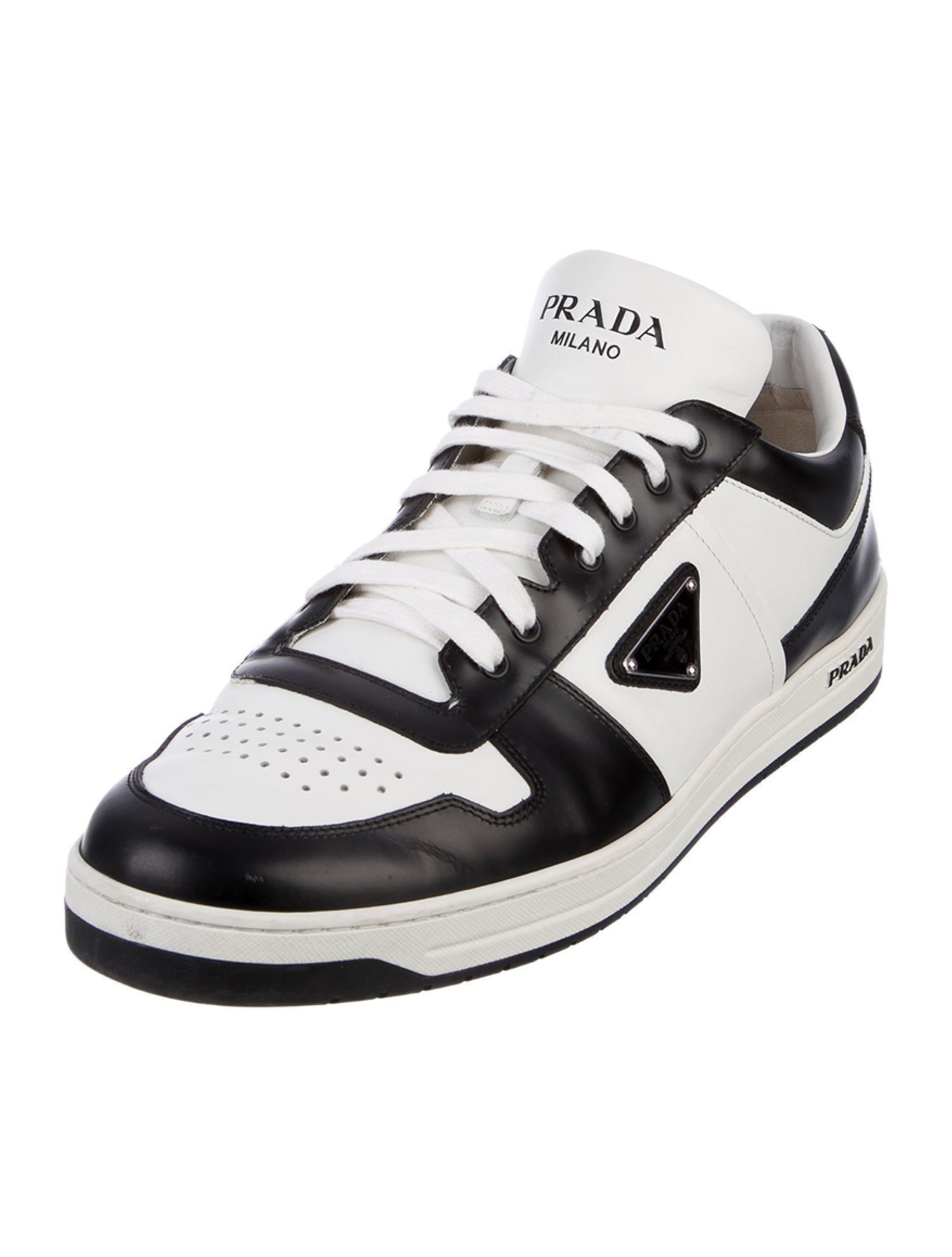 Prada Enameled Metal Triangle Leather Sneakers