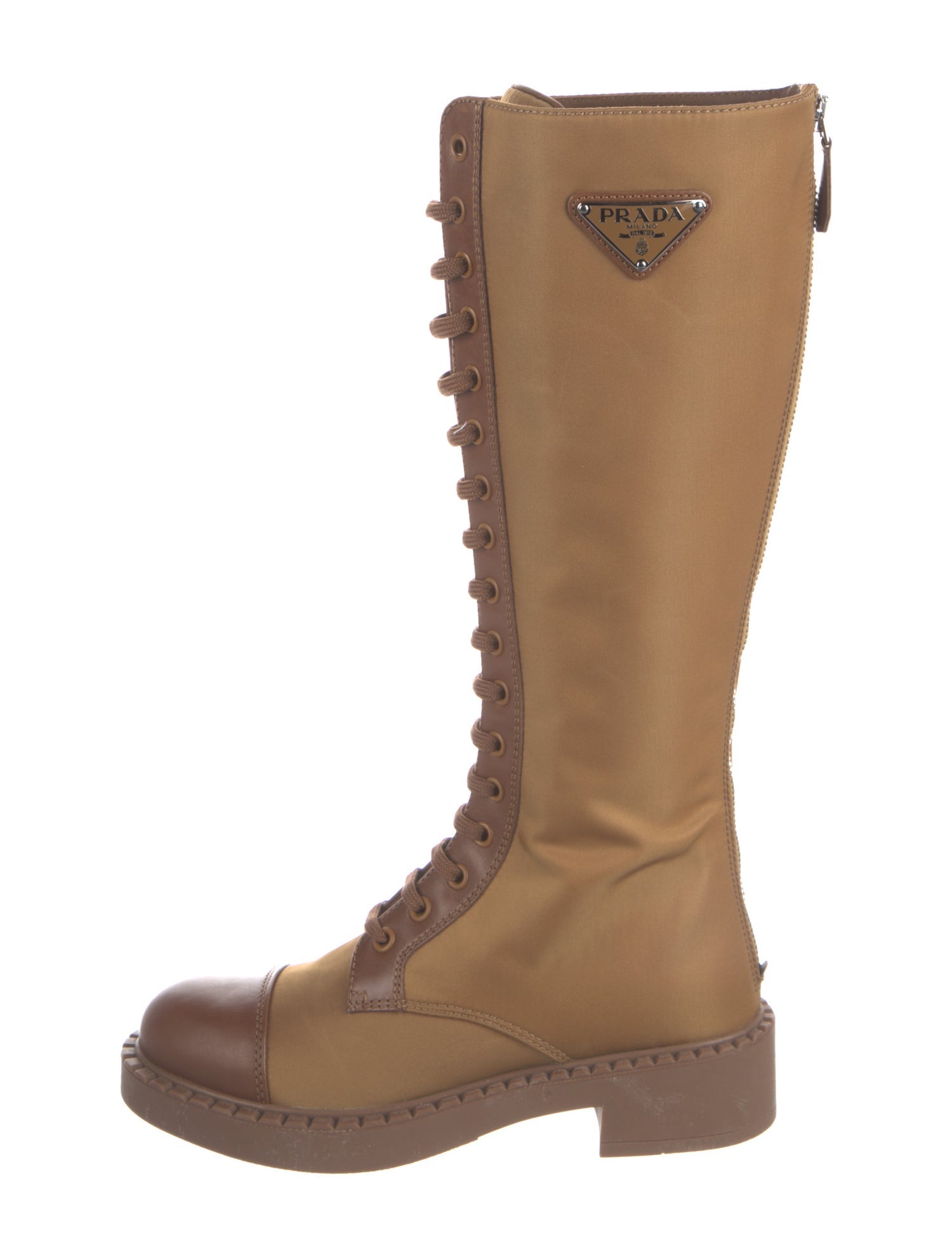 Prada Enameled Metal Triangle Nylon Lace-Up Boots