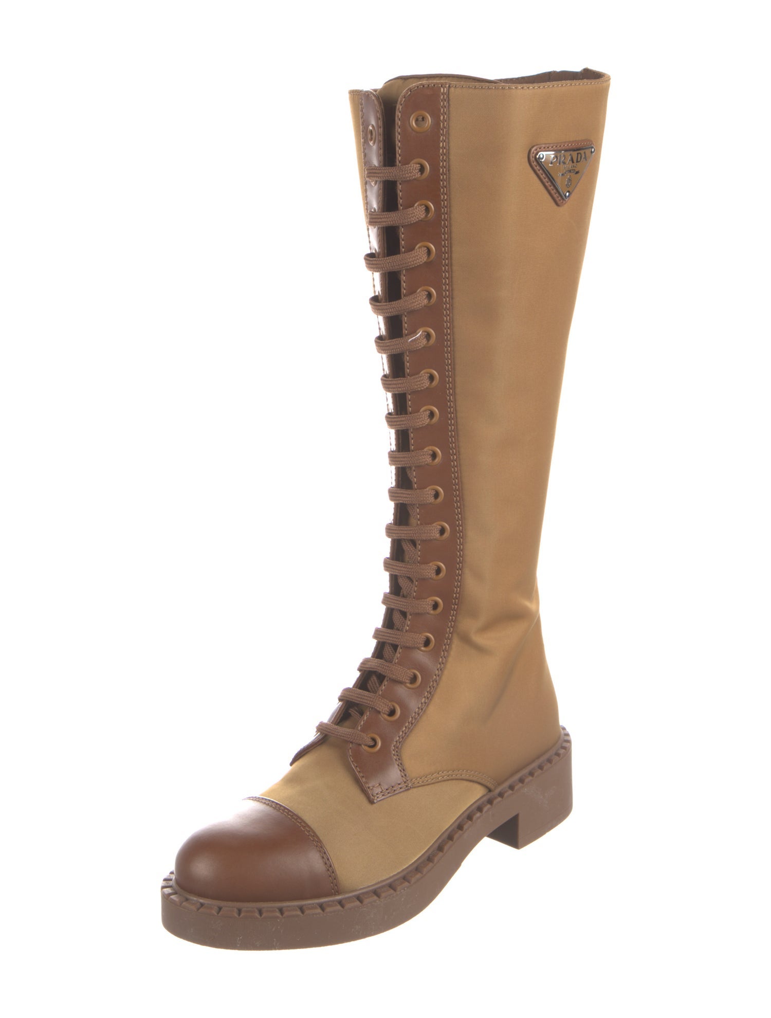Prada Enameled Metal Triangle Nylon Lace-Up Boots