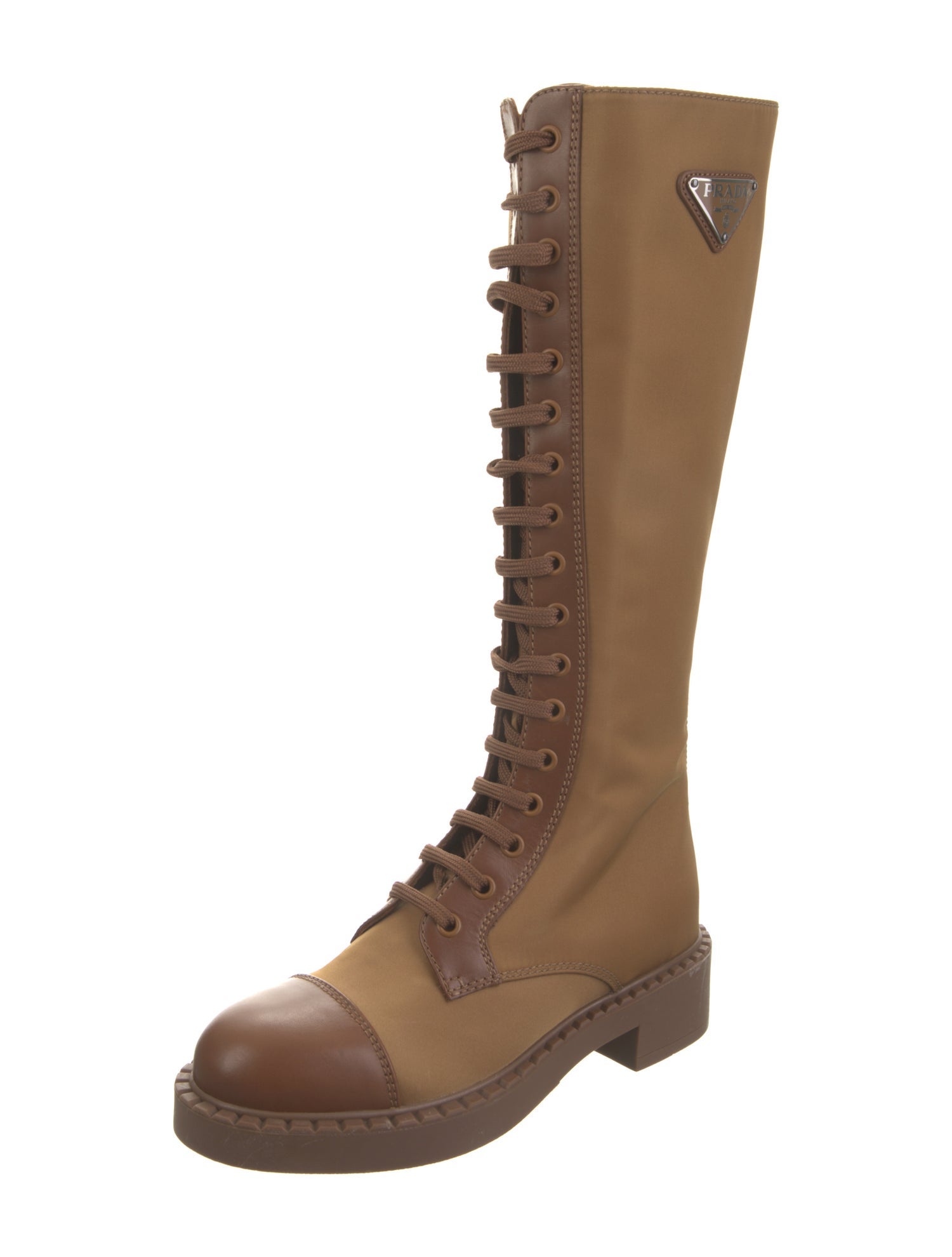 Prada Enameled Metal Triangle Nylon Lace-Up Boots