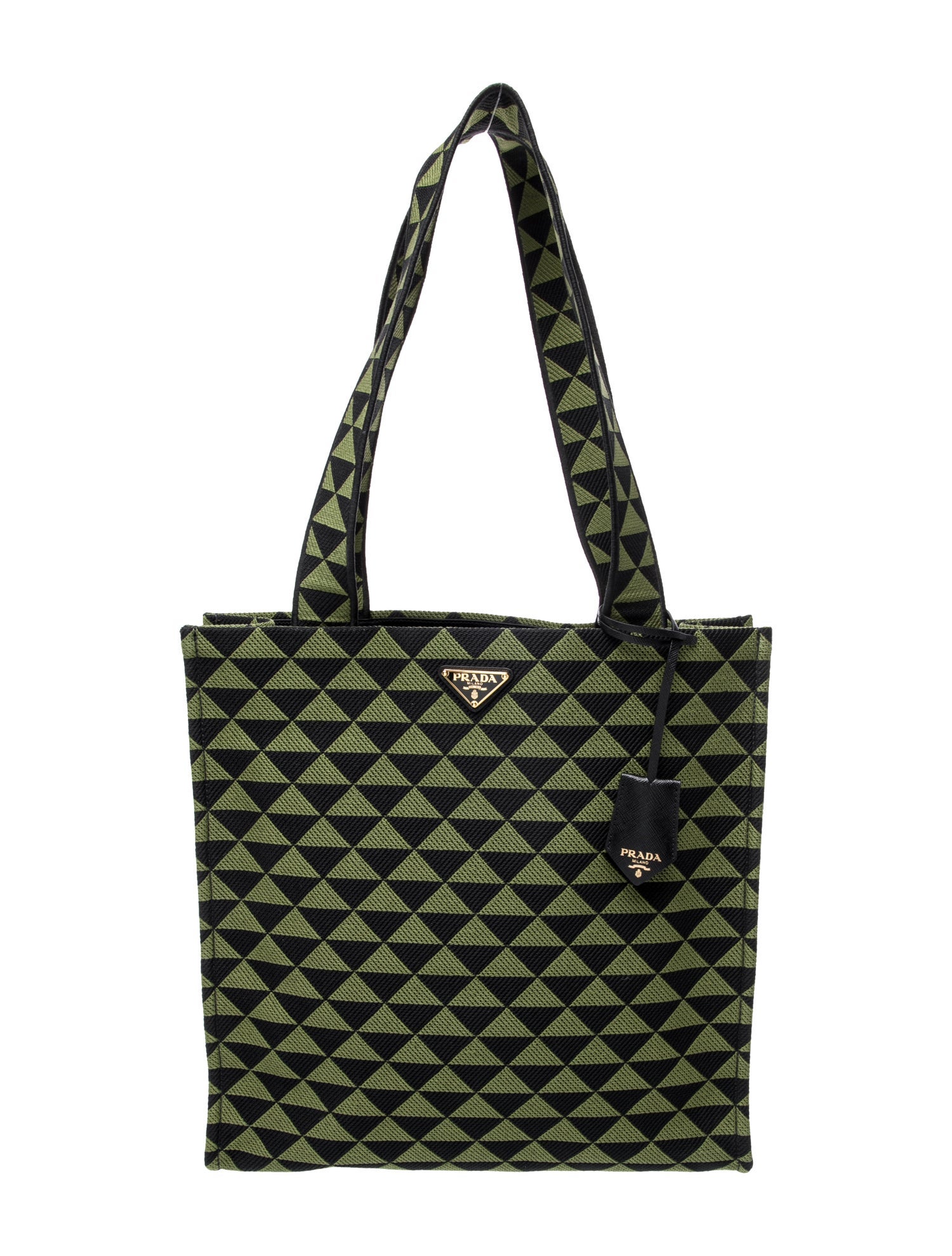 Prada Enameled Metal Triangle Canvas Tote Bag Large