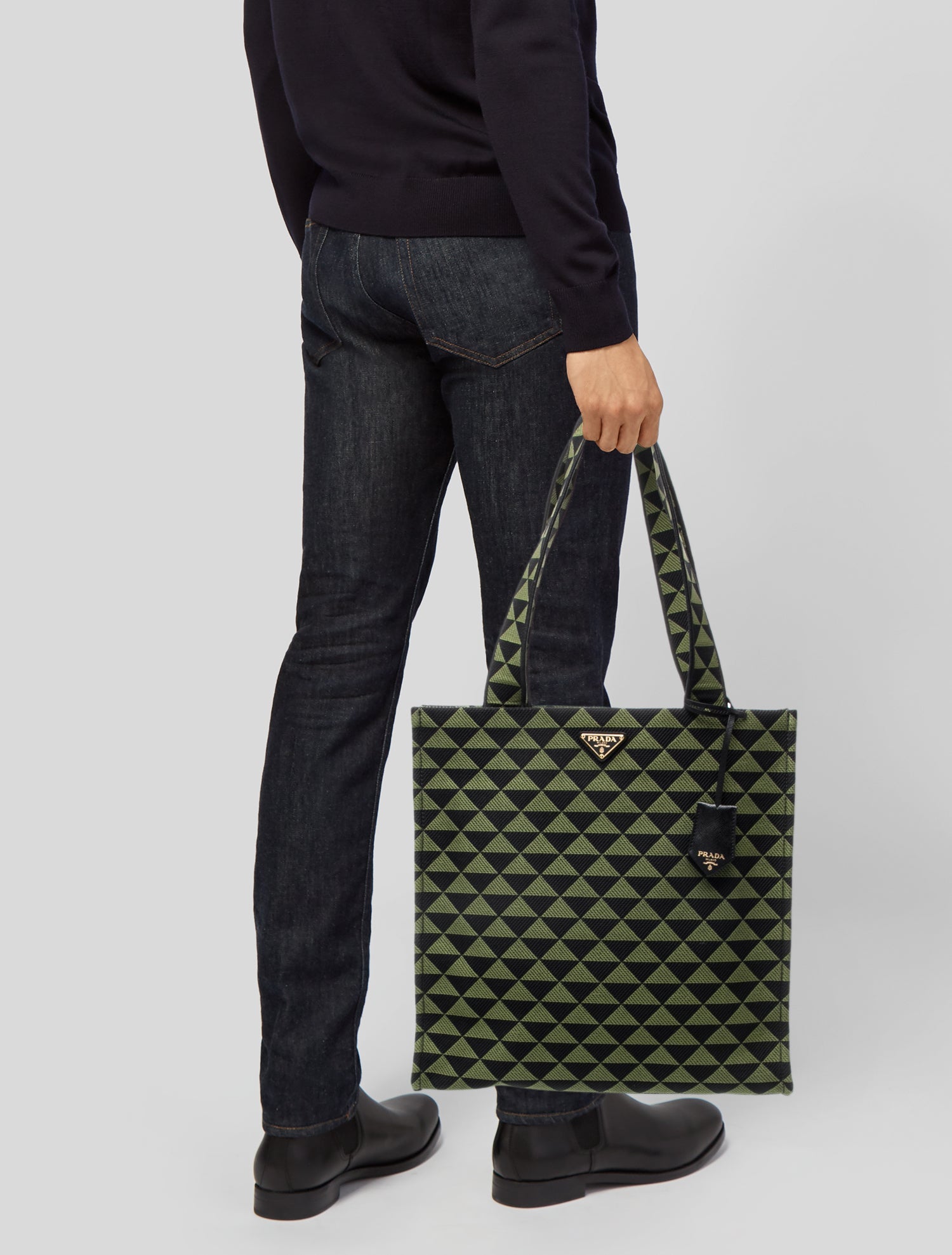 Prada Enameled Metal Triangle Canvas Tote Bag Large