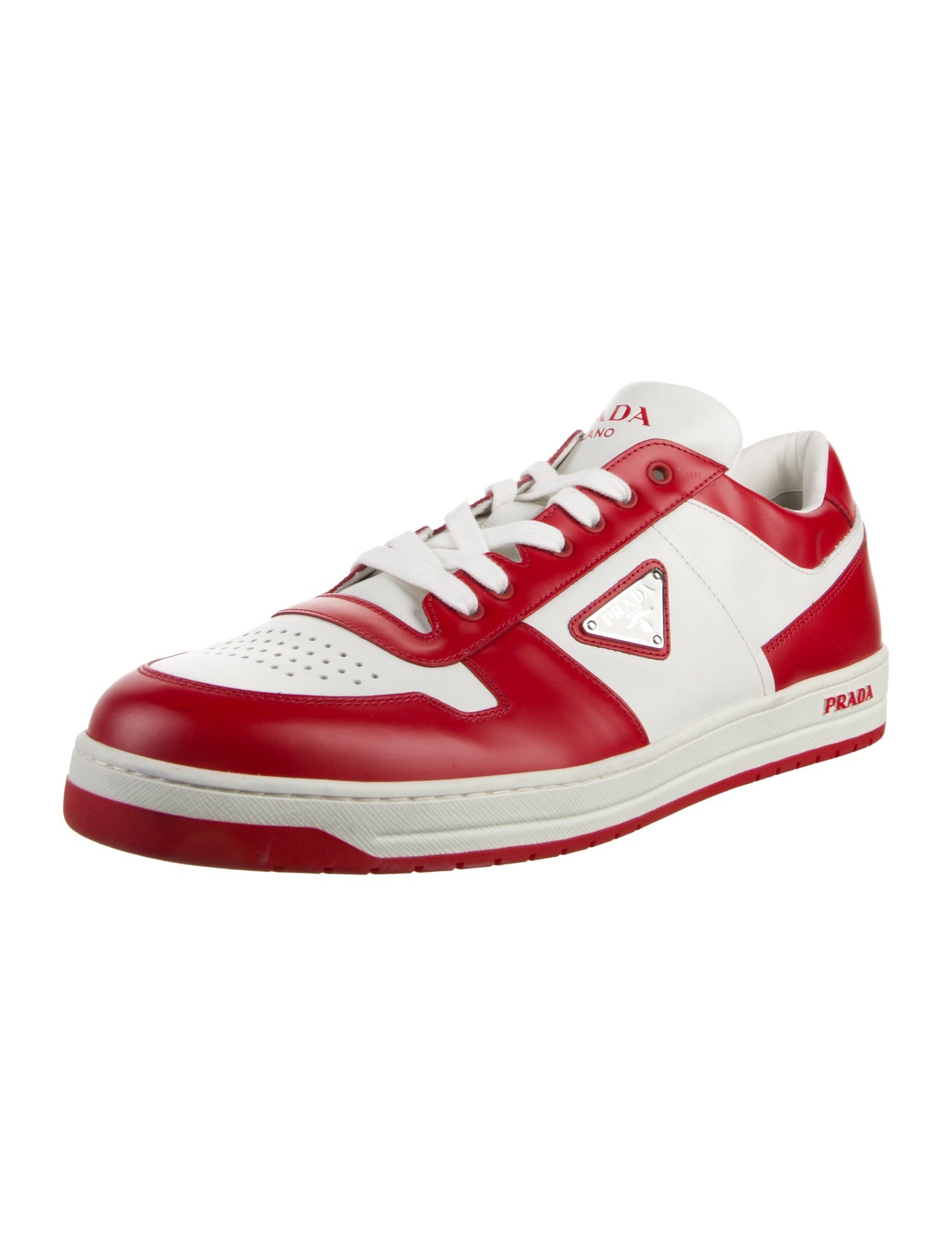 Prada Enameled Metal Triangle Leather Sneakers