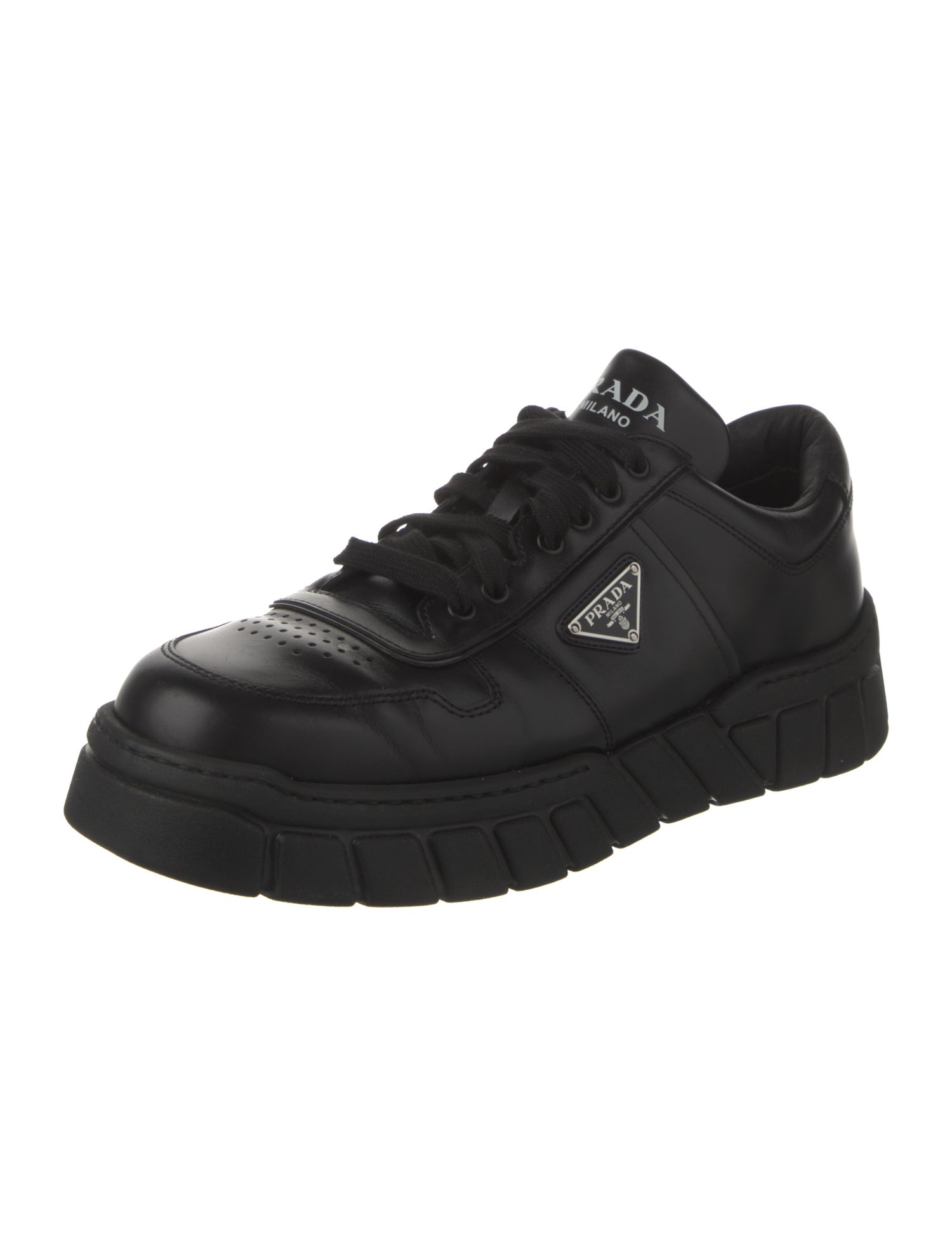 Prada Enameled Metal Triangle Leather Sneakers