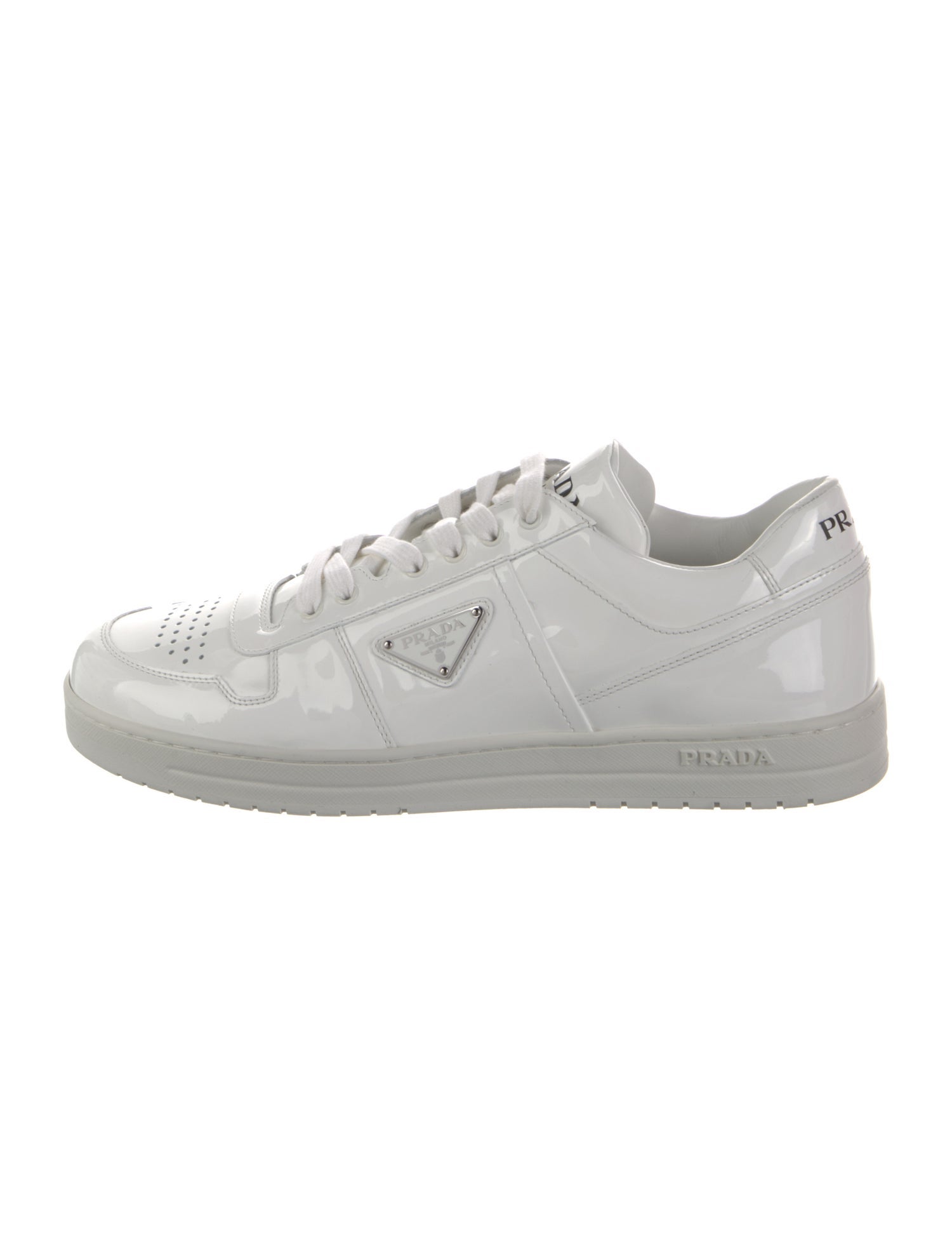 Prada Enameled Metal Triangle Patent Leather Sneakers